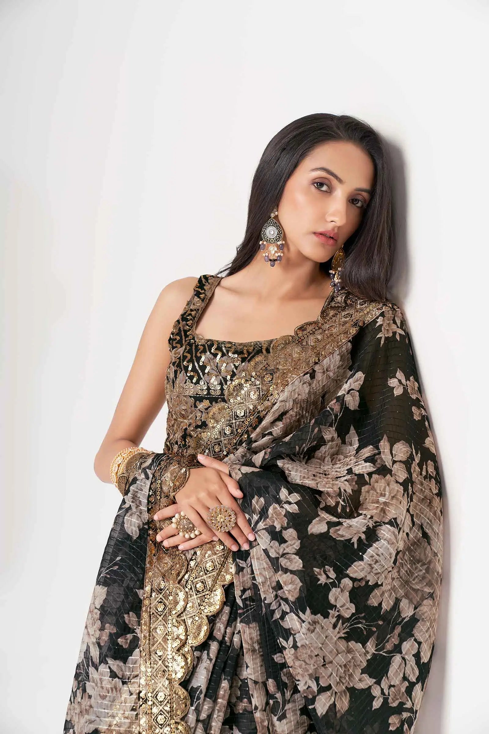 Black Floral Print Organza Saree With Sequins Work - qivii