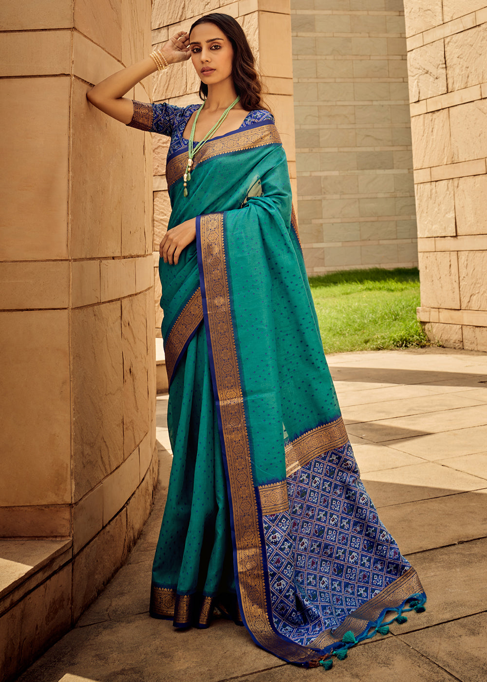 Shades Of Blue Woven Patola Silk Saree - qivii