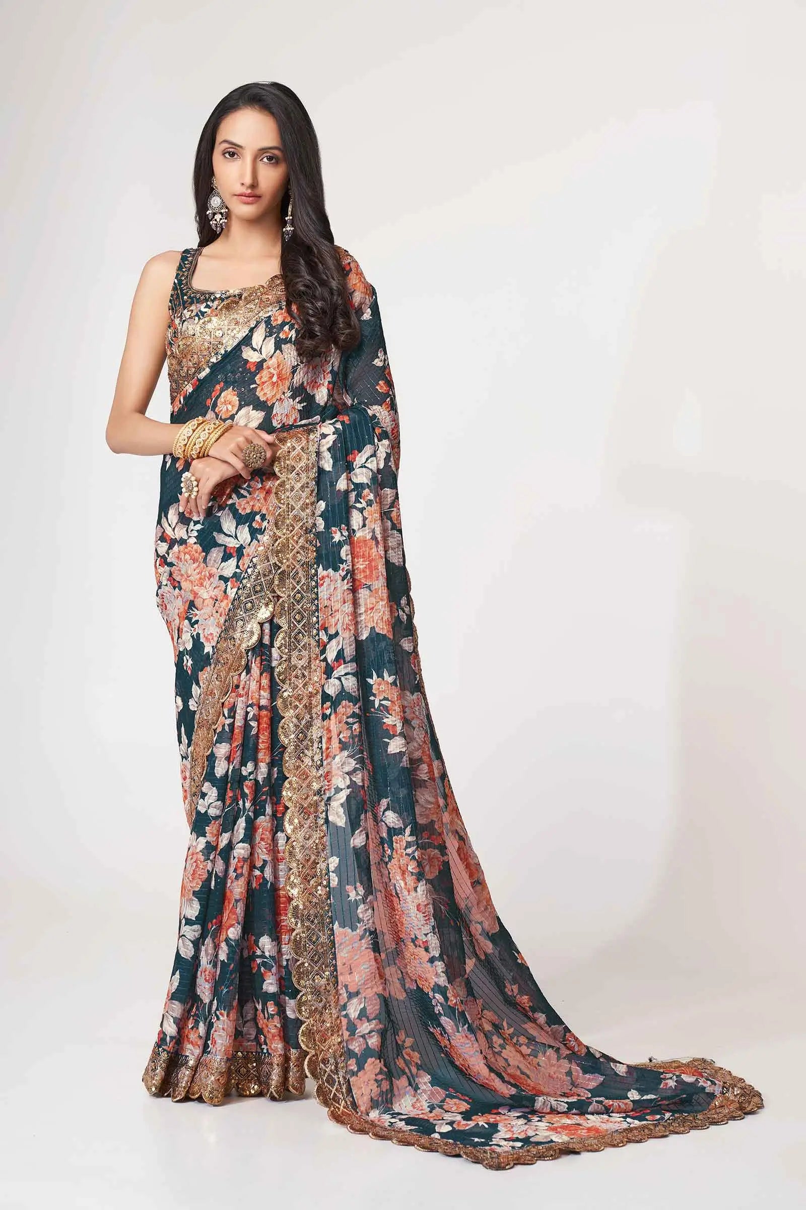 Dove Blue Floral Print Organza Saree With Sequins Work - qivii