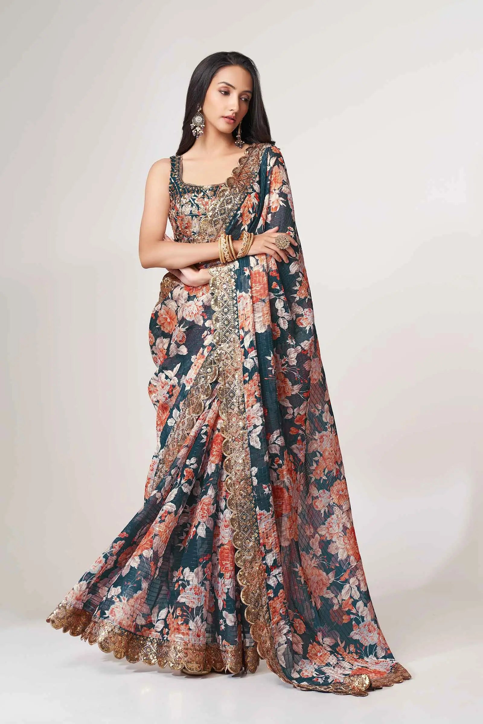 Dove Blue Floral Print Organza Saree With Sequins Work - qivii