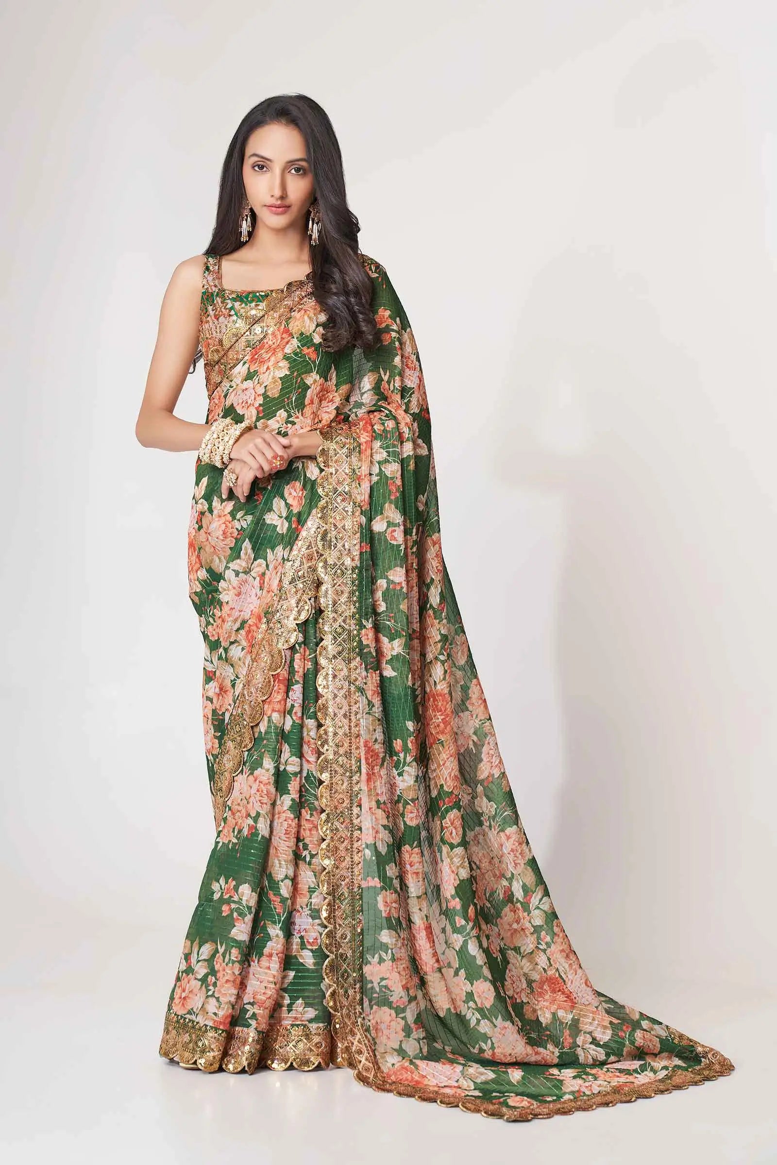 Green Floral Print Organza Saree With Sequins Work - qivii
