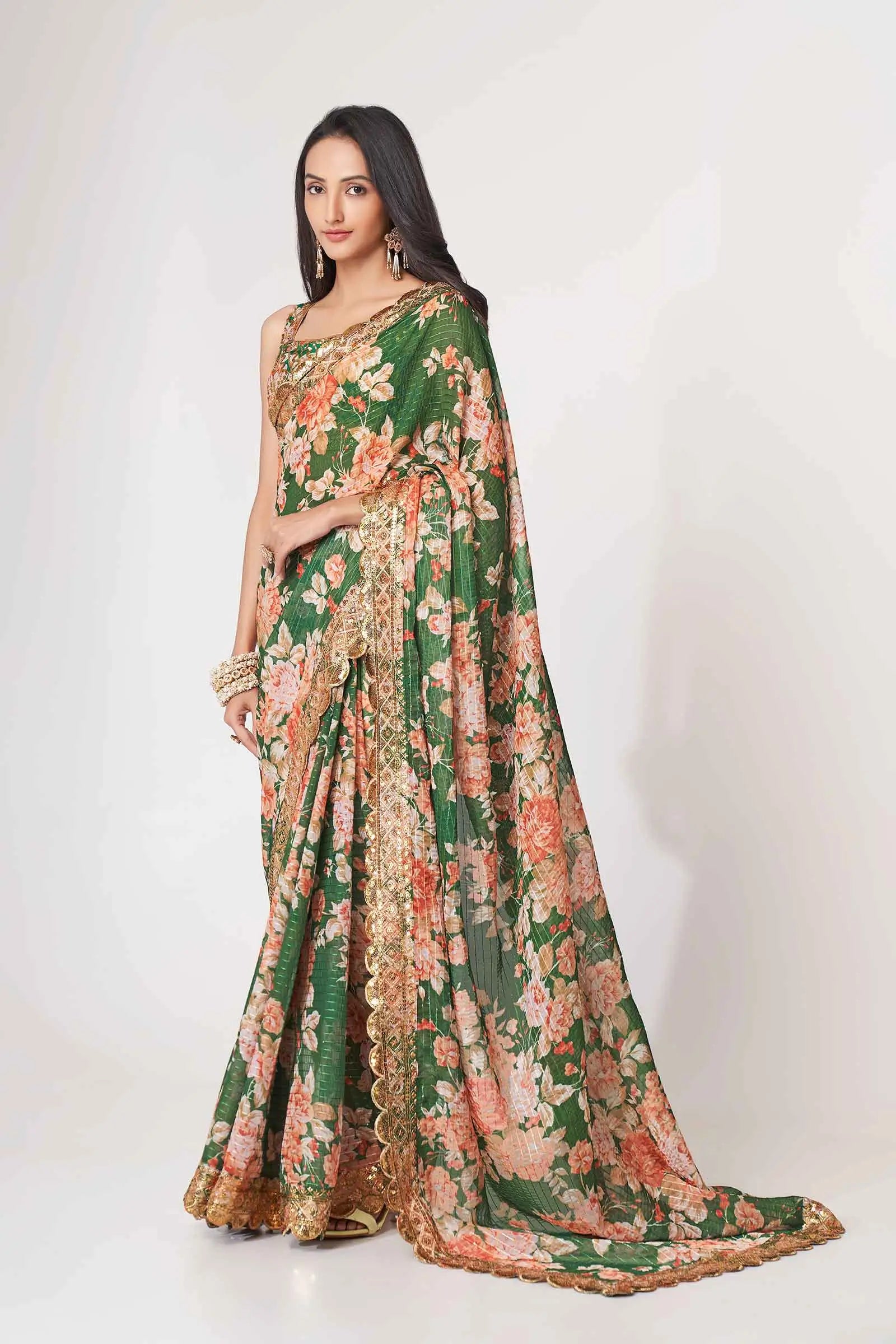 Green Floral Print Organza Saree With Sequins Work - qivii