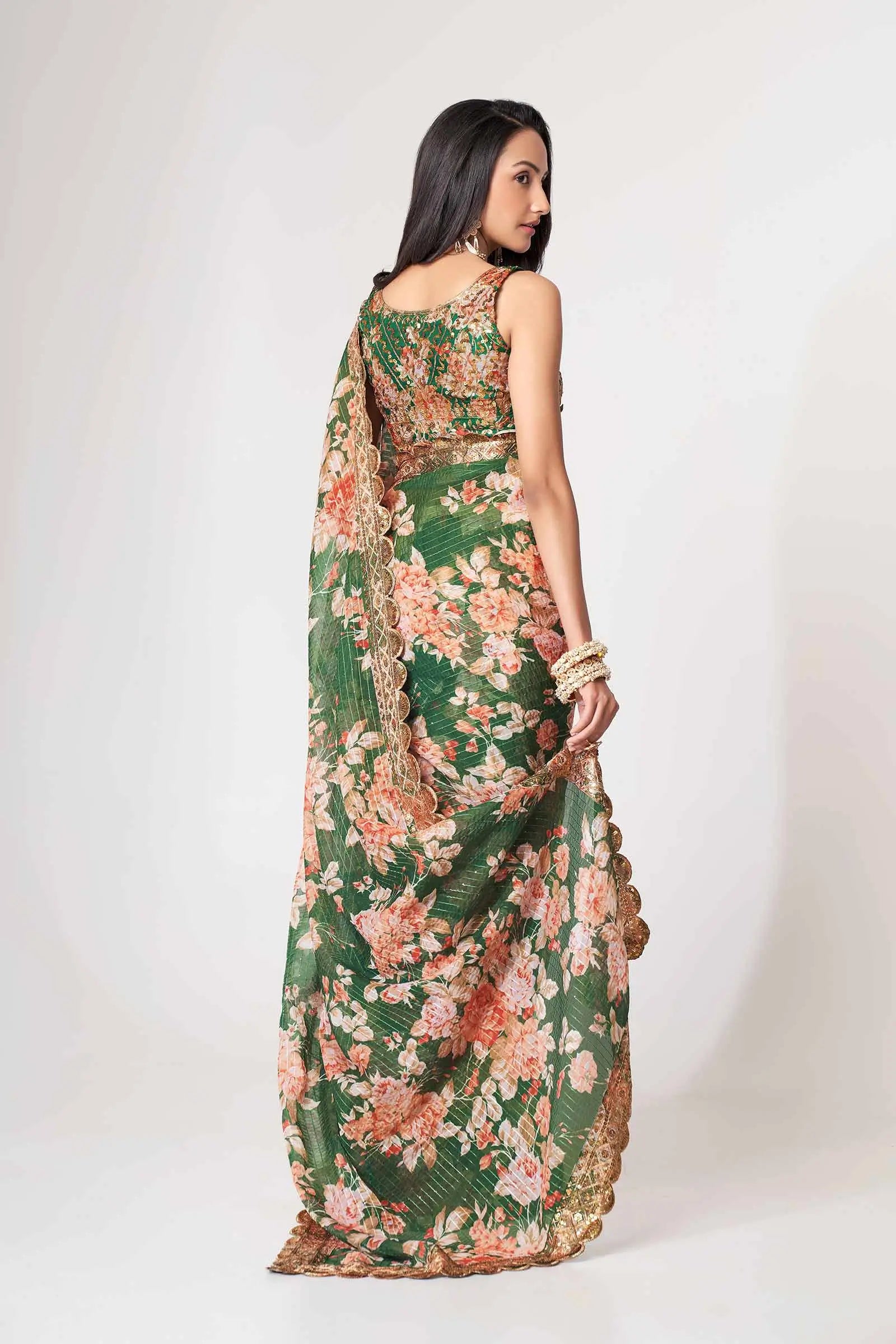 Green Floral Print Organza Saree With Sequins Work - qivii