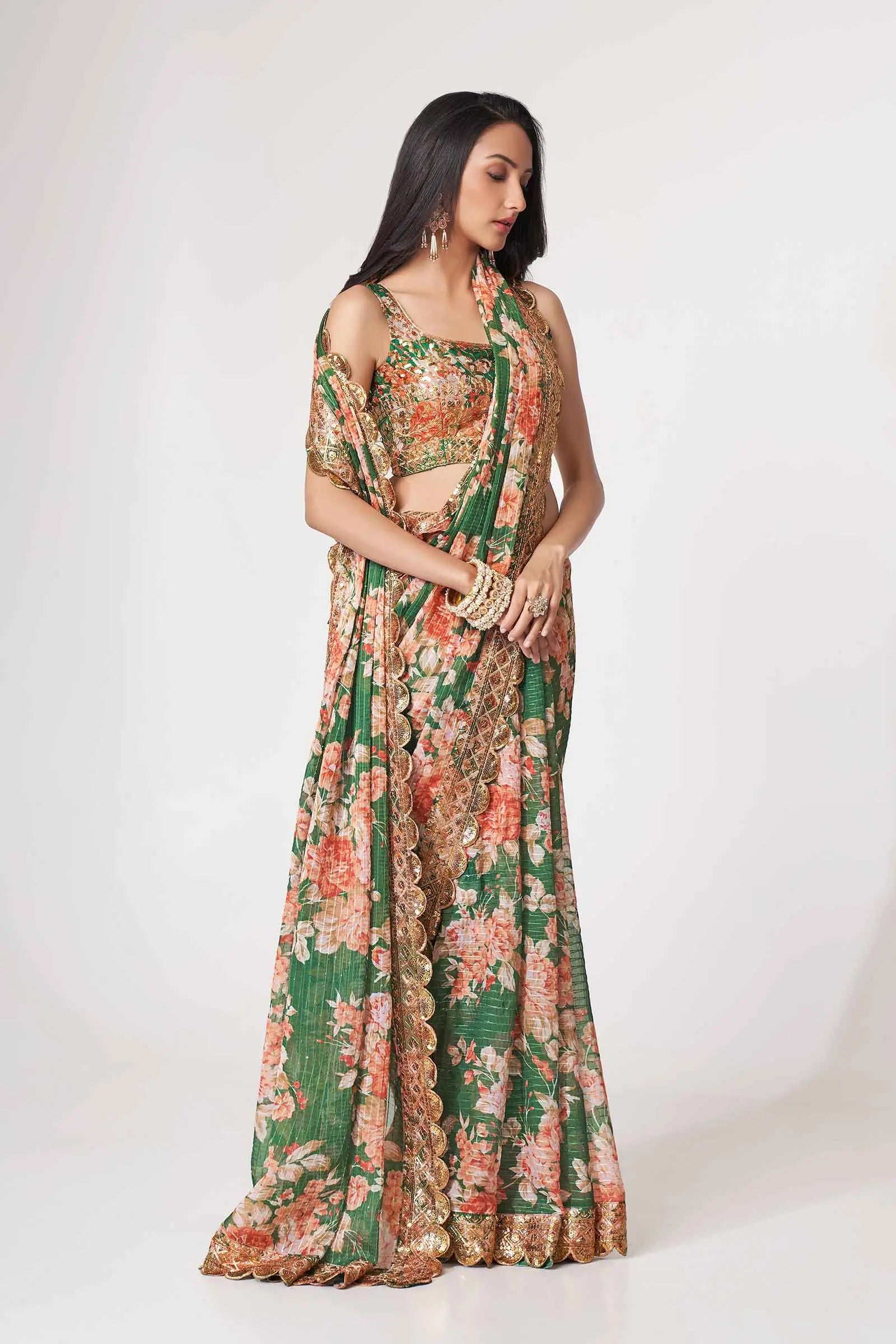Green Floral Print Organza Saree With Sequins Work - qivii
