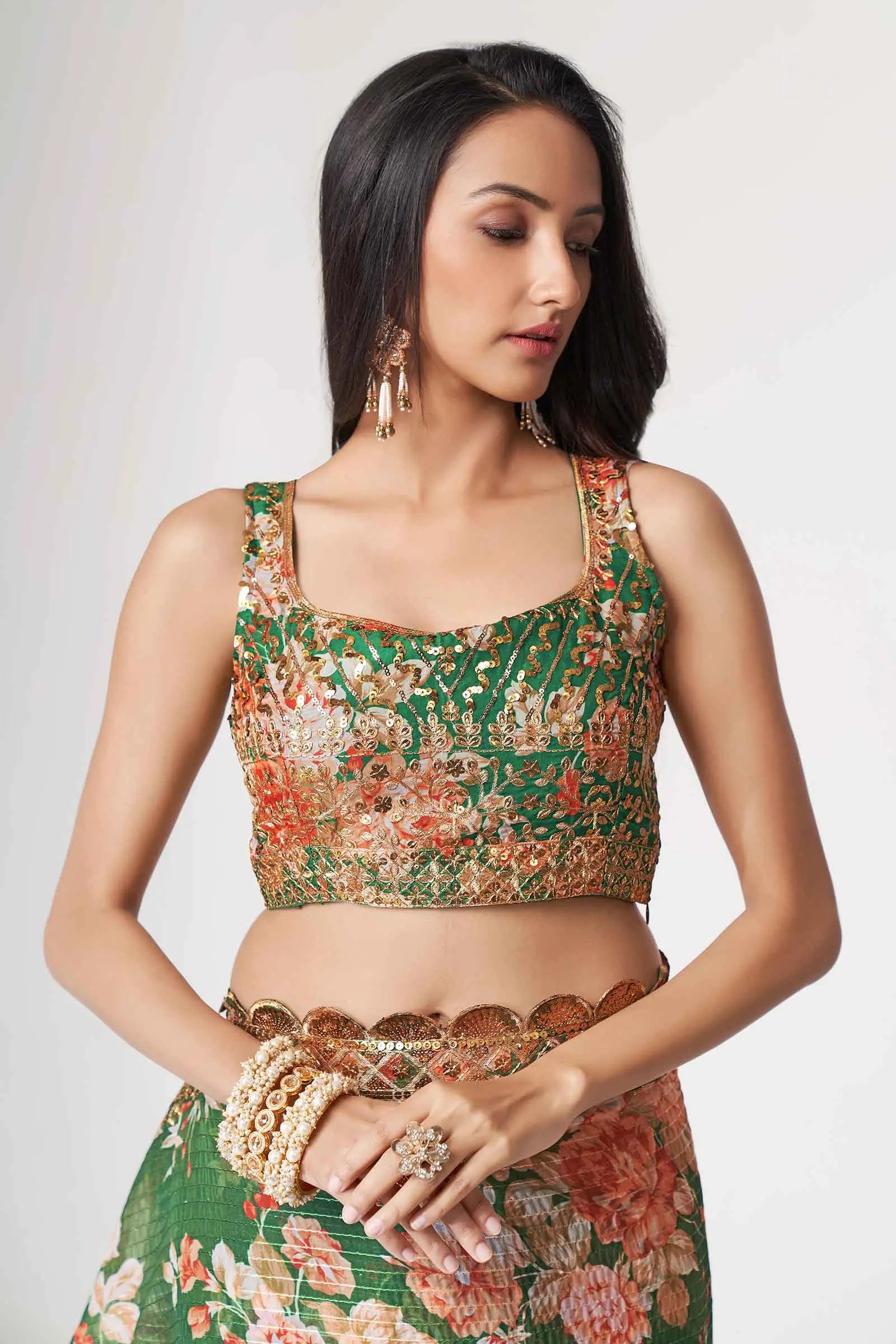 Green Floral Print Organza Saree With Sequins Work