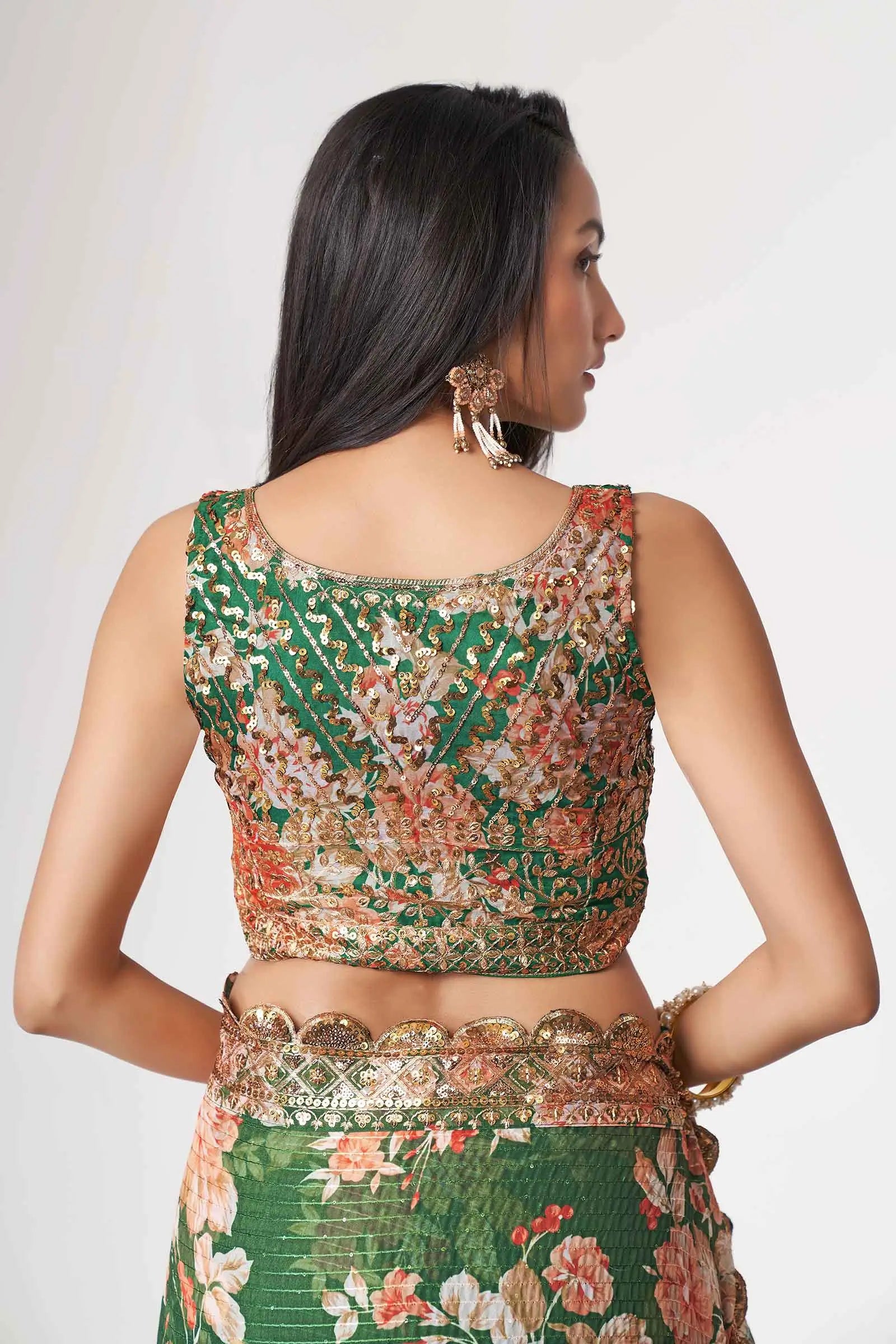 Green Floral Print Organza Saree With Sequins Work