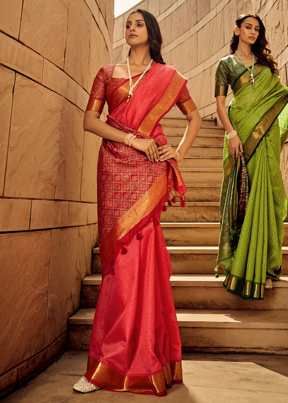 Pinkish Red Woven Patola Silk Saree - qivii