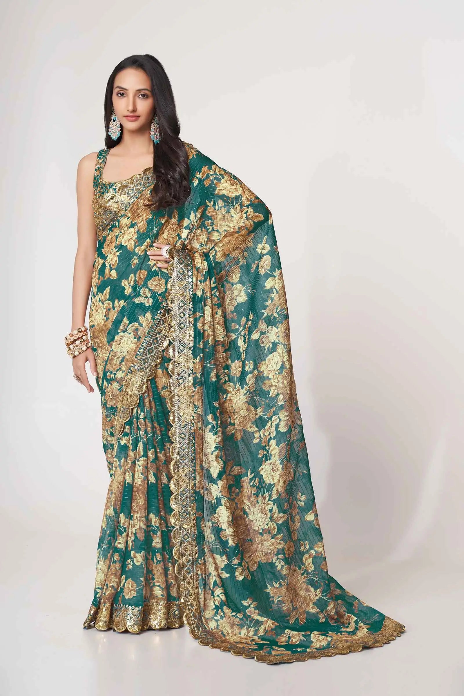 Teal Blue Floral Print Organza Saree With Sequins Work - qivii
