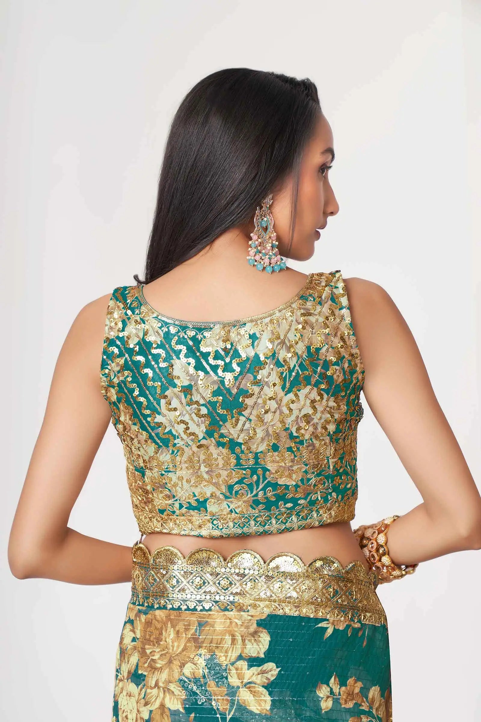 Teal Blue Floral Print Organza Saree With Sequins Work