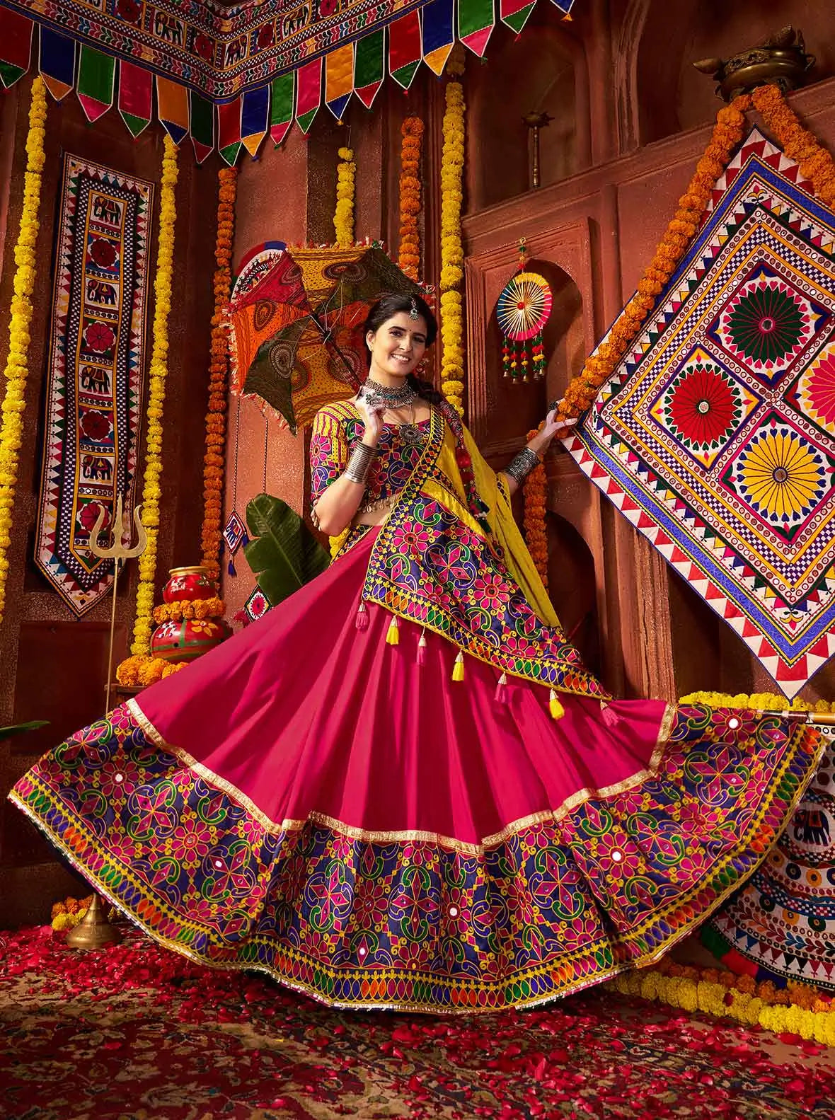 9 Meter Flair | Pinkish Red & Yellow Navratri Lehenga With Mirror Work