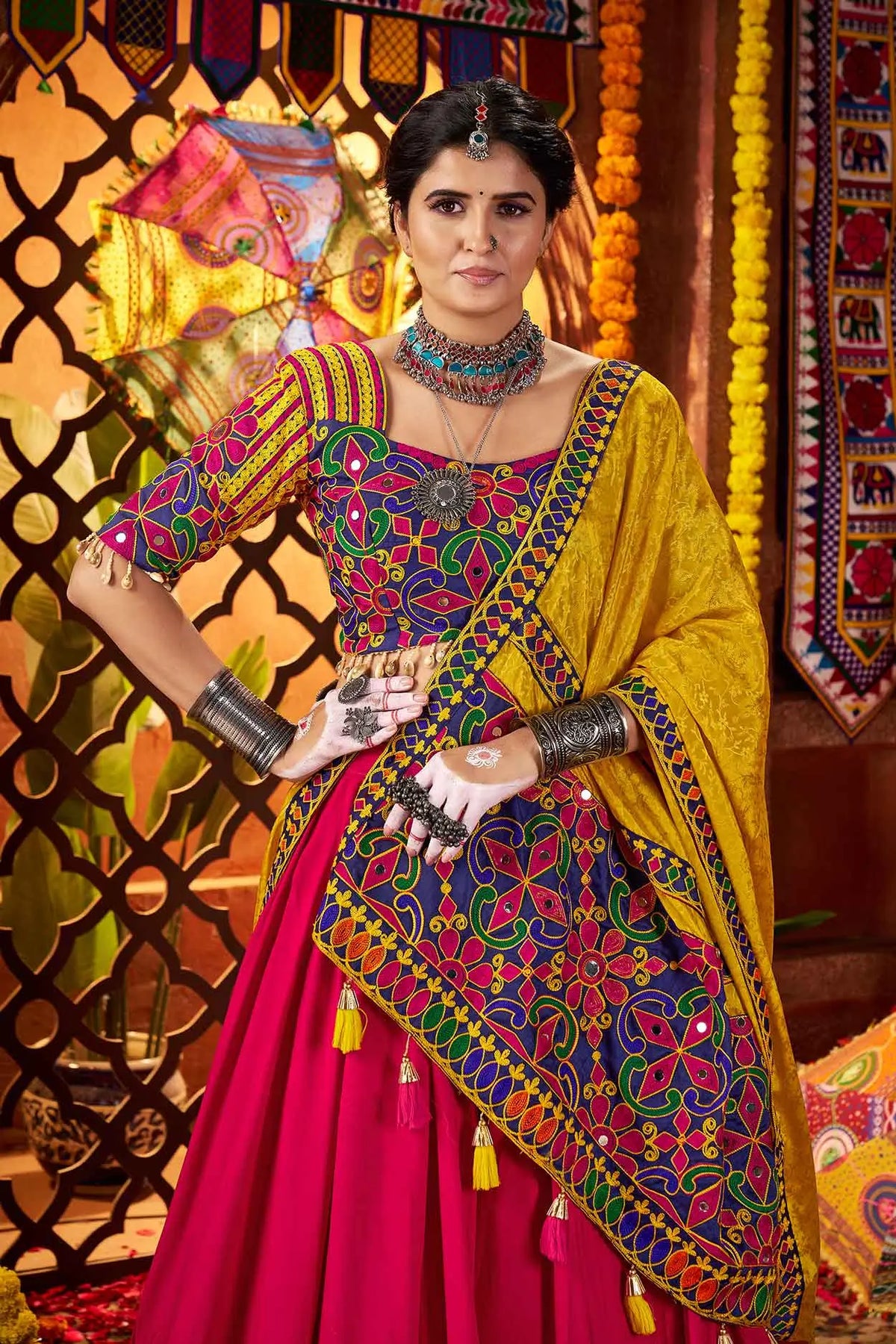 9 Meter Flair | Pinkish Red & Yellow Navratri Lehenga With Mirror Work