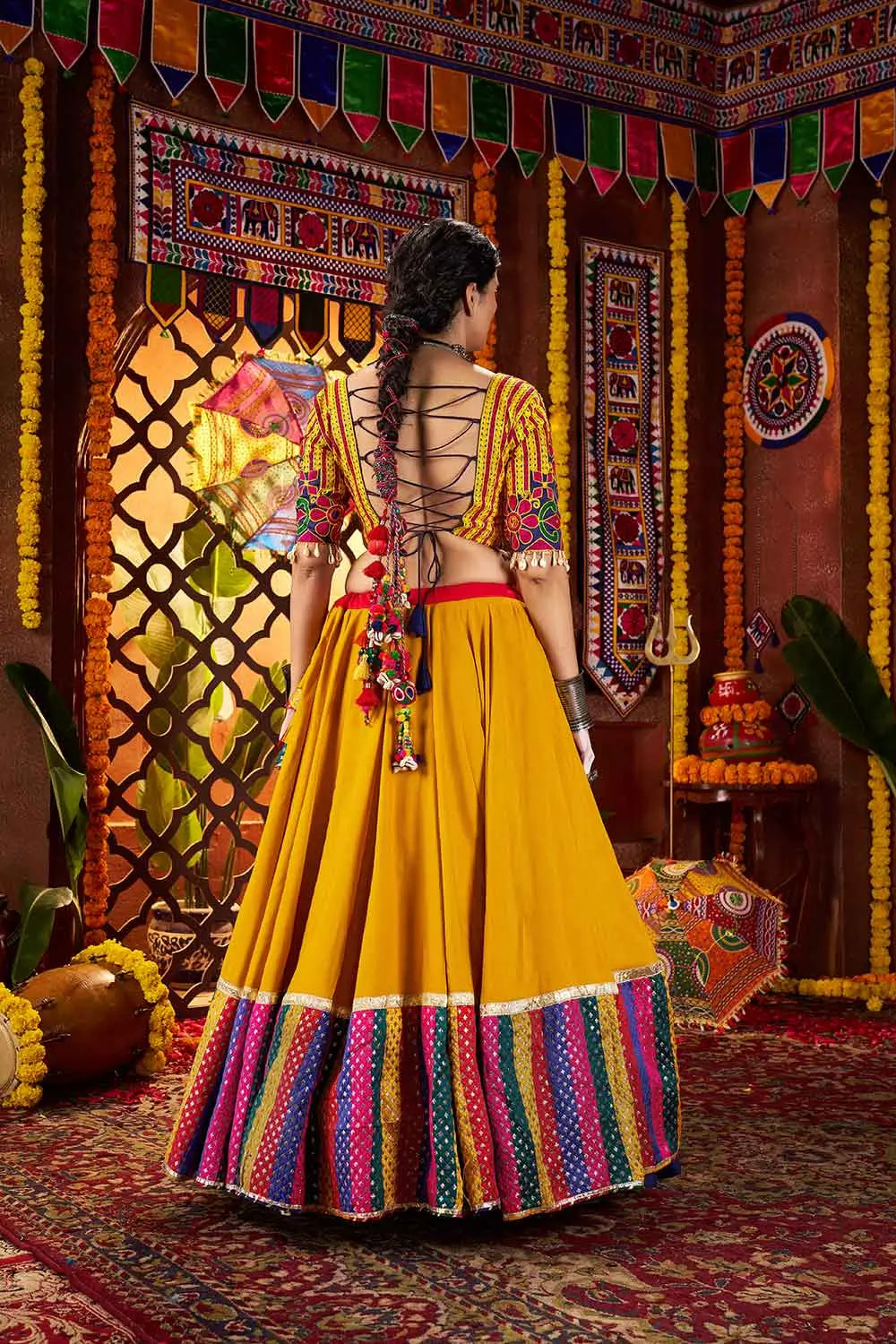 9 Meter Flair | Pinkish Red & Yellow Navratri Lehenga With Mirror Work