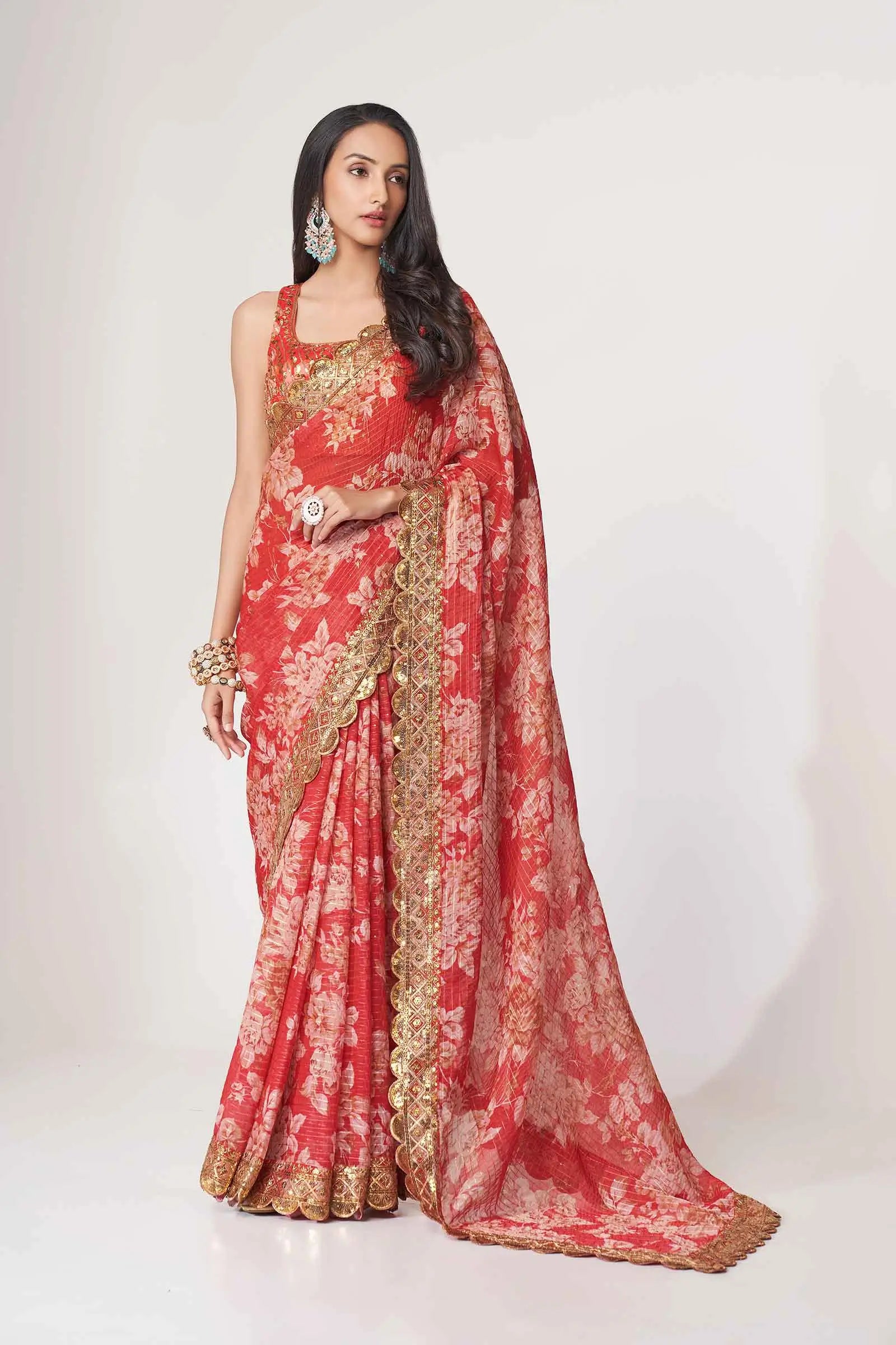 Red Floral Print Organza Saree With Sequins Work - qivii