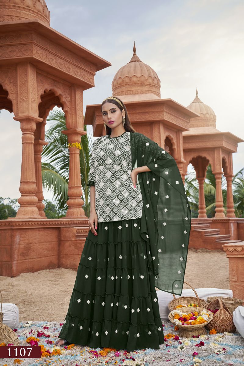 GREEN HEAVY FOX GEORGETTE WITH COTTON EMBROIDERY WORK | Ready To Wear - qivii
