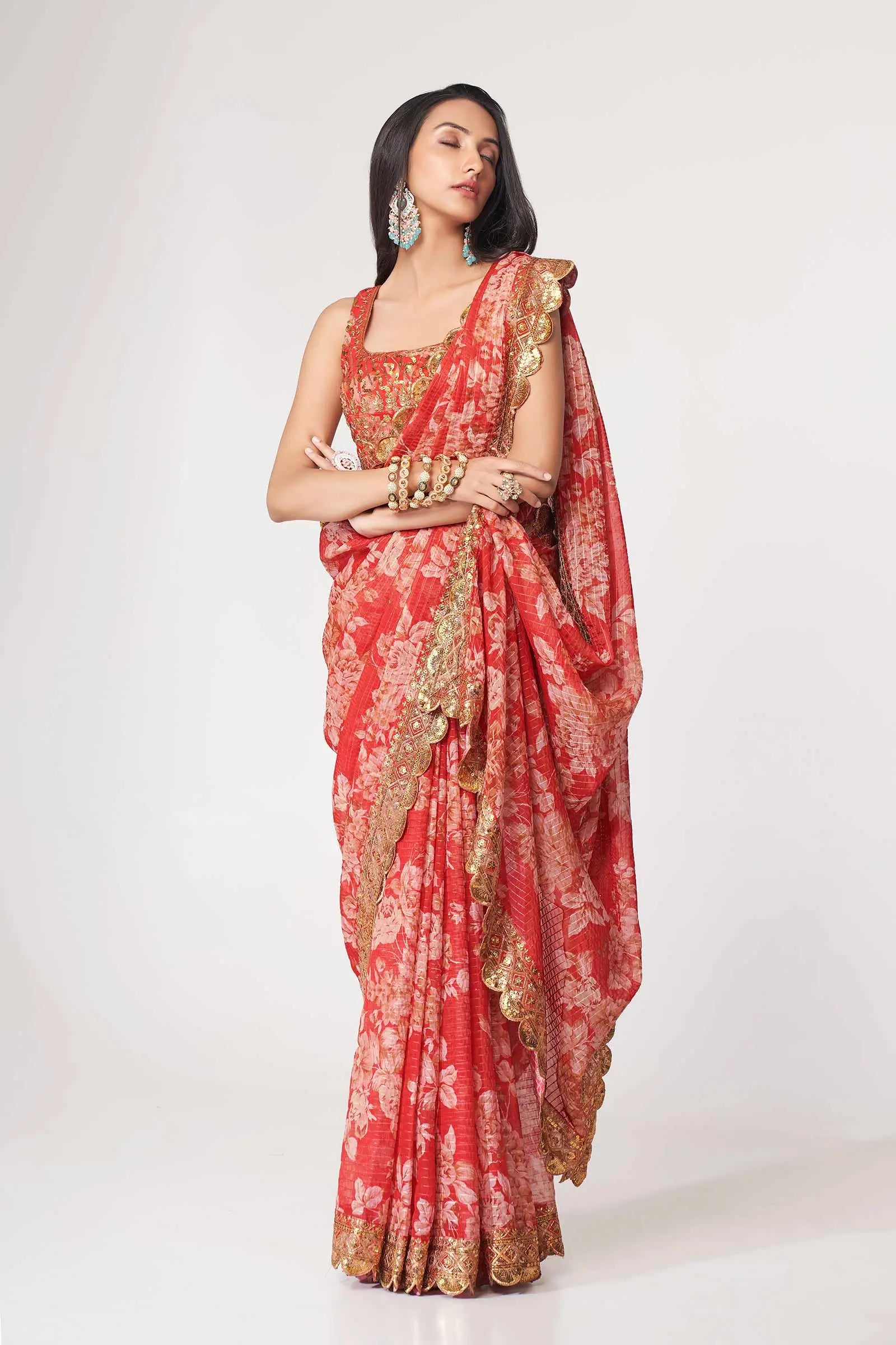 Red Floral Print Organza Saree With Sequins Work - qivii