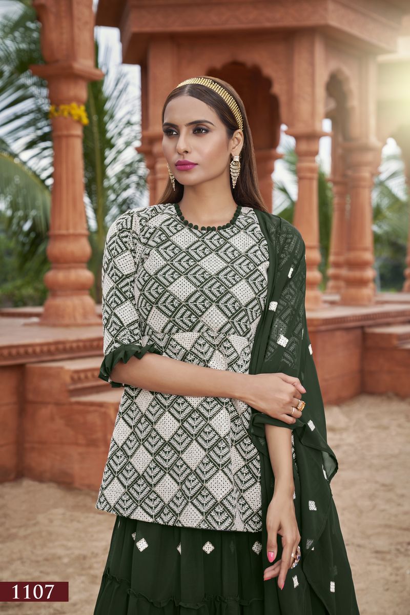 GREEN HEAVY FOX GEORGETTE WITH COTTON EMBROIDERY WORK | Ready To Wear - qivii