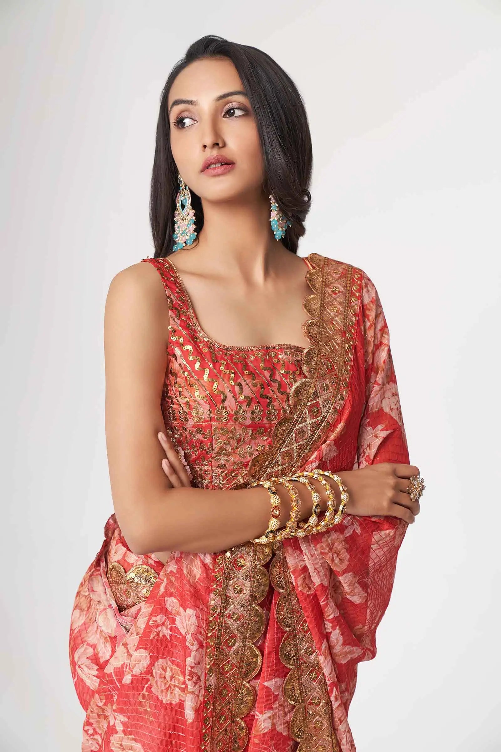 Red Floral Print Organza Saree With Sequins Work - qivii