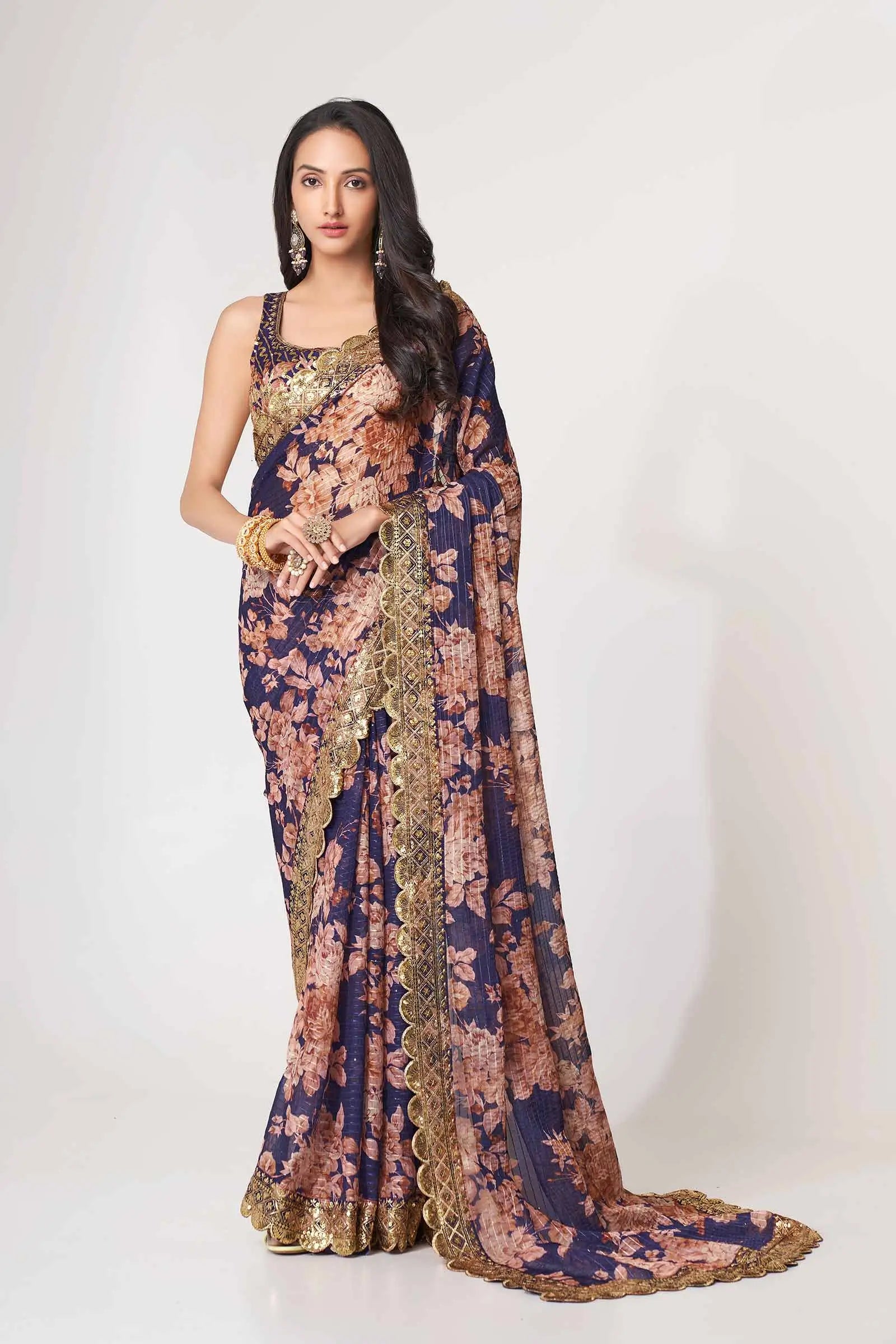 Purple Floral Print Organza Saree With Sequins Work - qivii