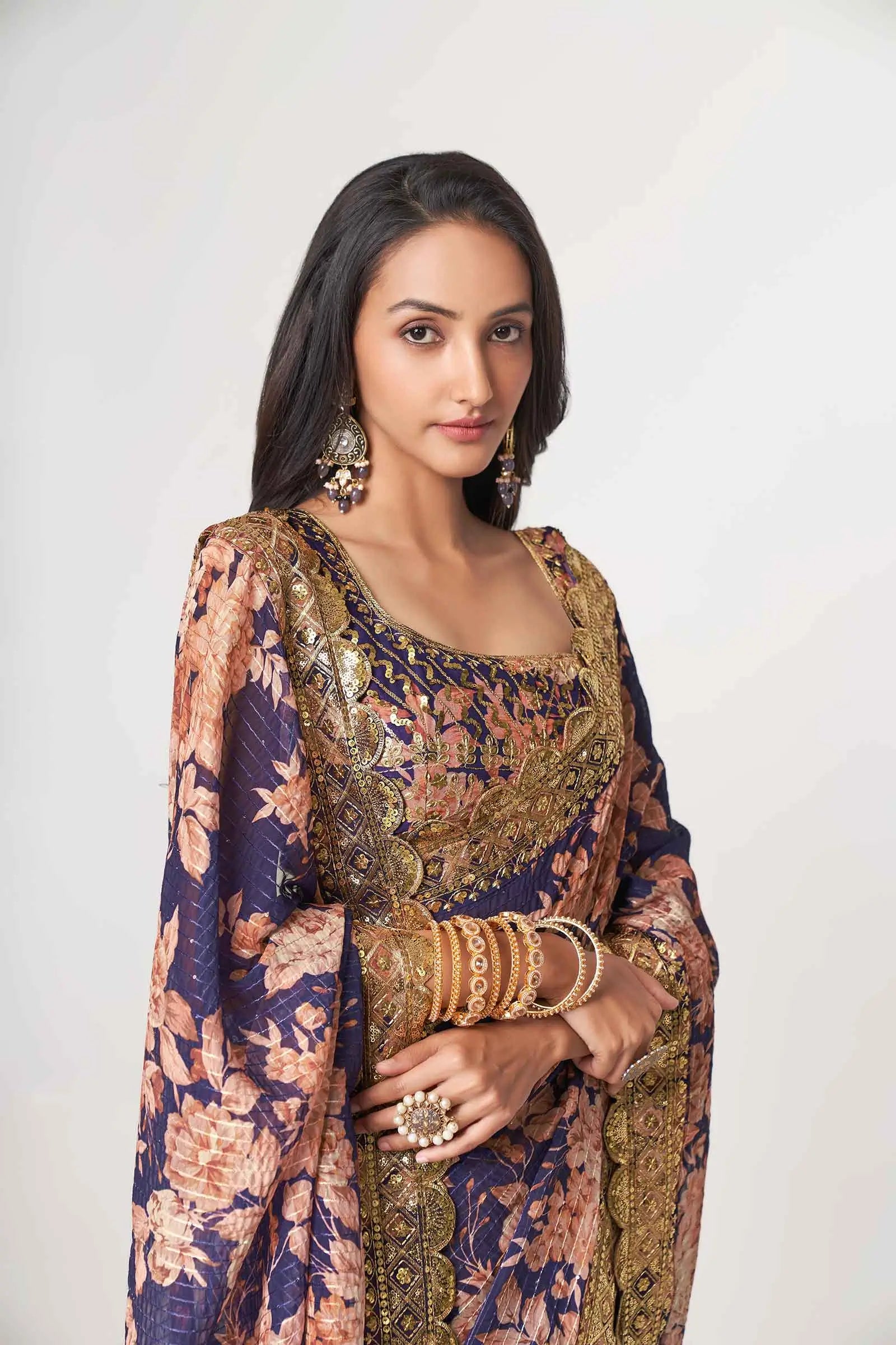 Purple Floral Print Organza Saree With Sequins Work - qivii