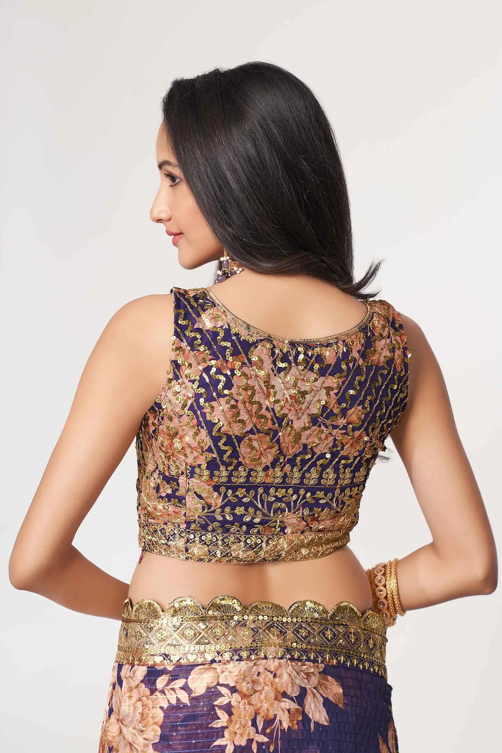 Purple Floral Print Organza Saree With Sequins Work