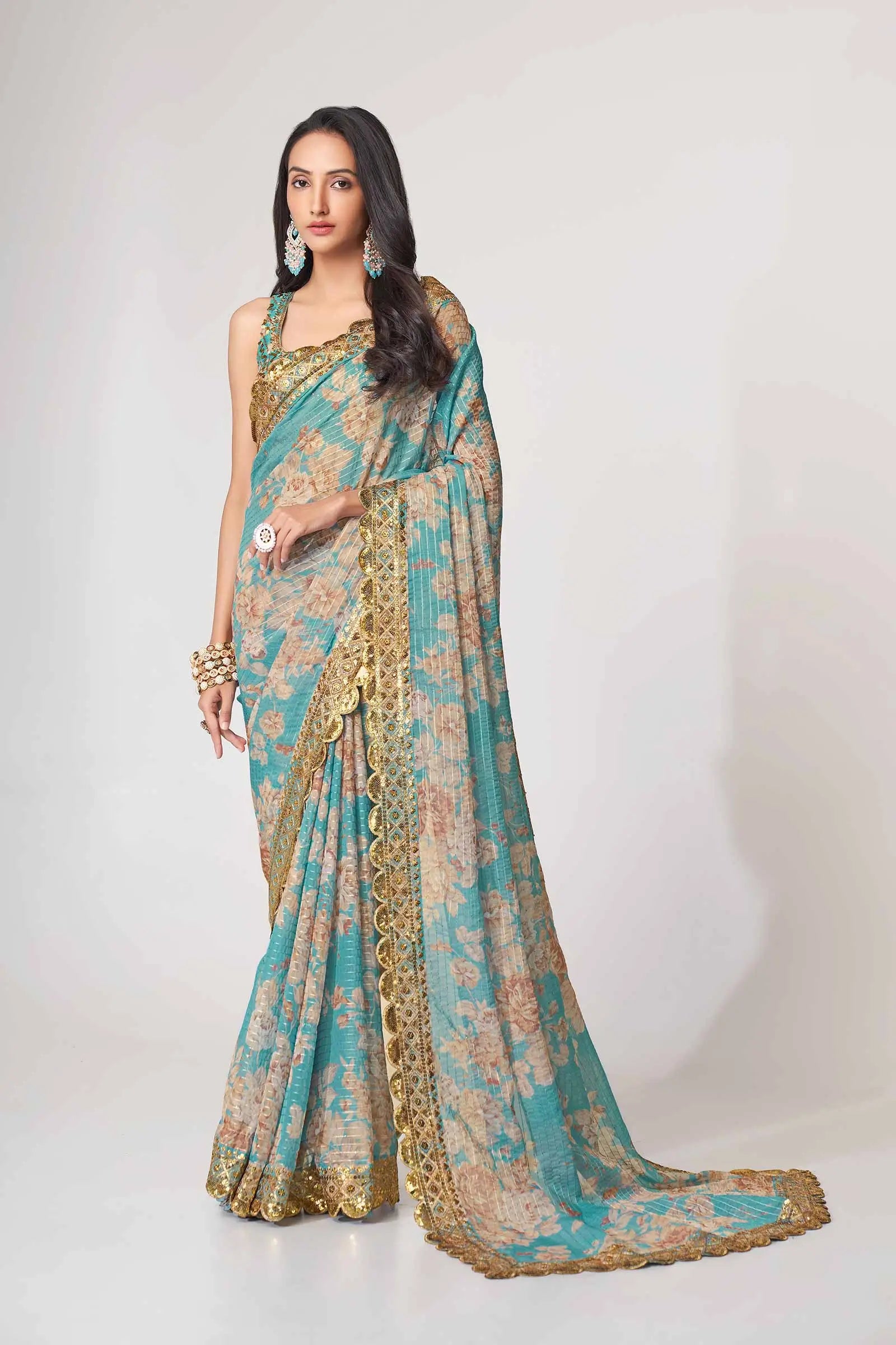 Sky Blue Floral Print Organza Saree With Sequins Work - qivii