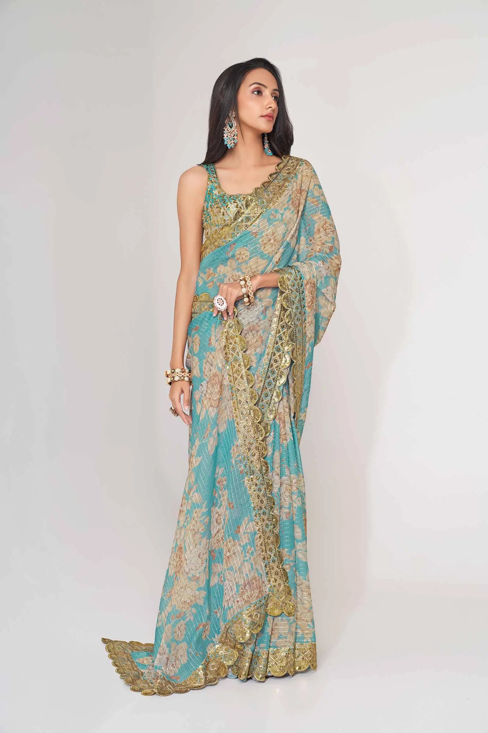 Sky Blue Floral Print Organza Saree With Sequins Work - qivii
