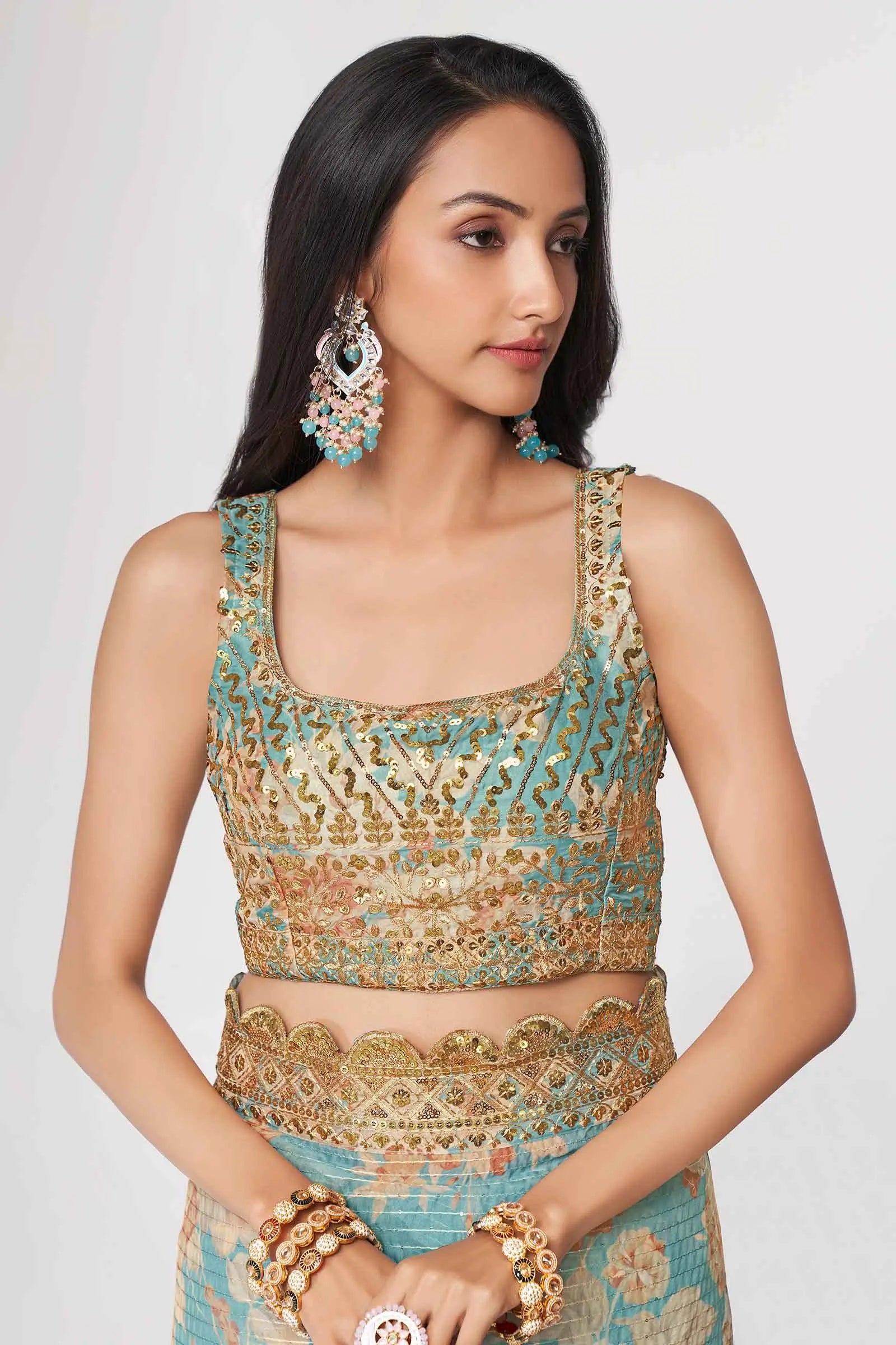 Sky Blue Floral Print Organza Saree With Sequins Work