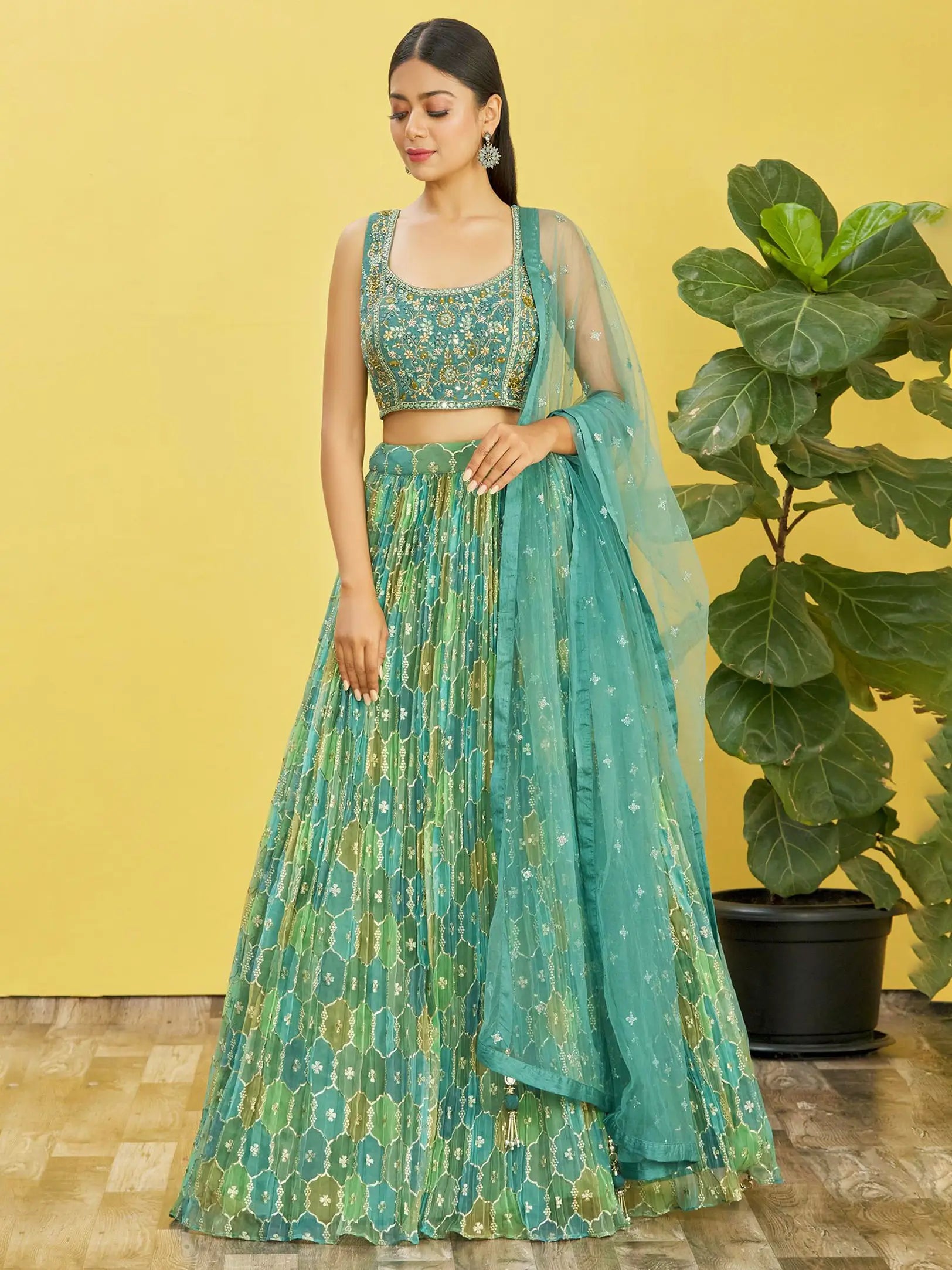 Pistachio Green Embroidered Choli With Digital Print Lehenga And Net Dupatta | Ready To Wear - qivii