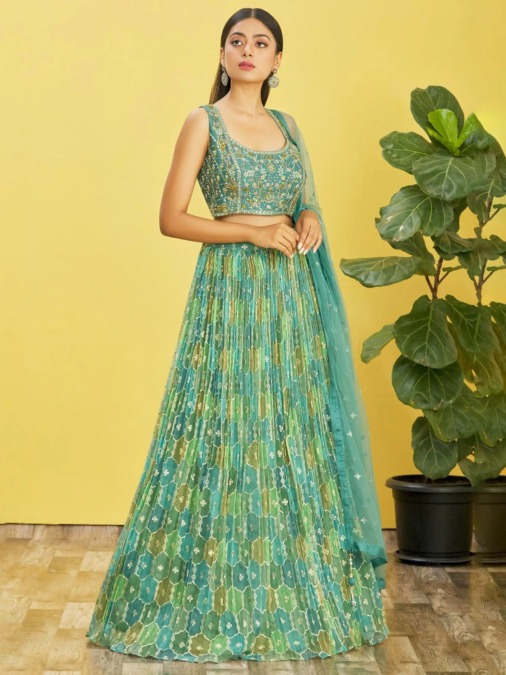 Pistachio Green Embroidered Choli With Digital Print Lehenga And Net Dupatta | Ready To Wear - qivii