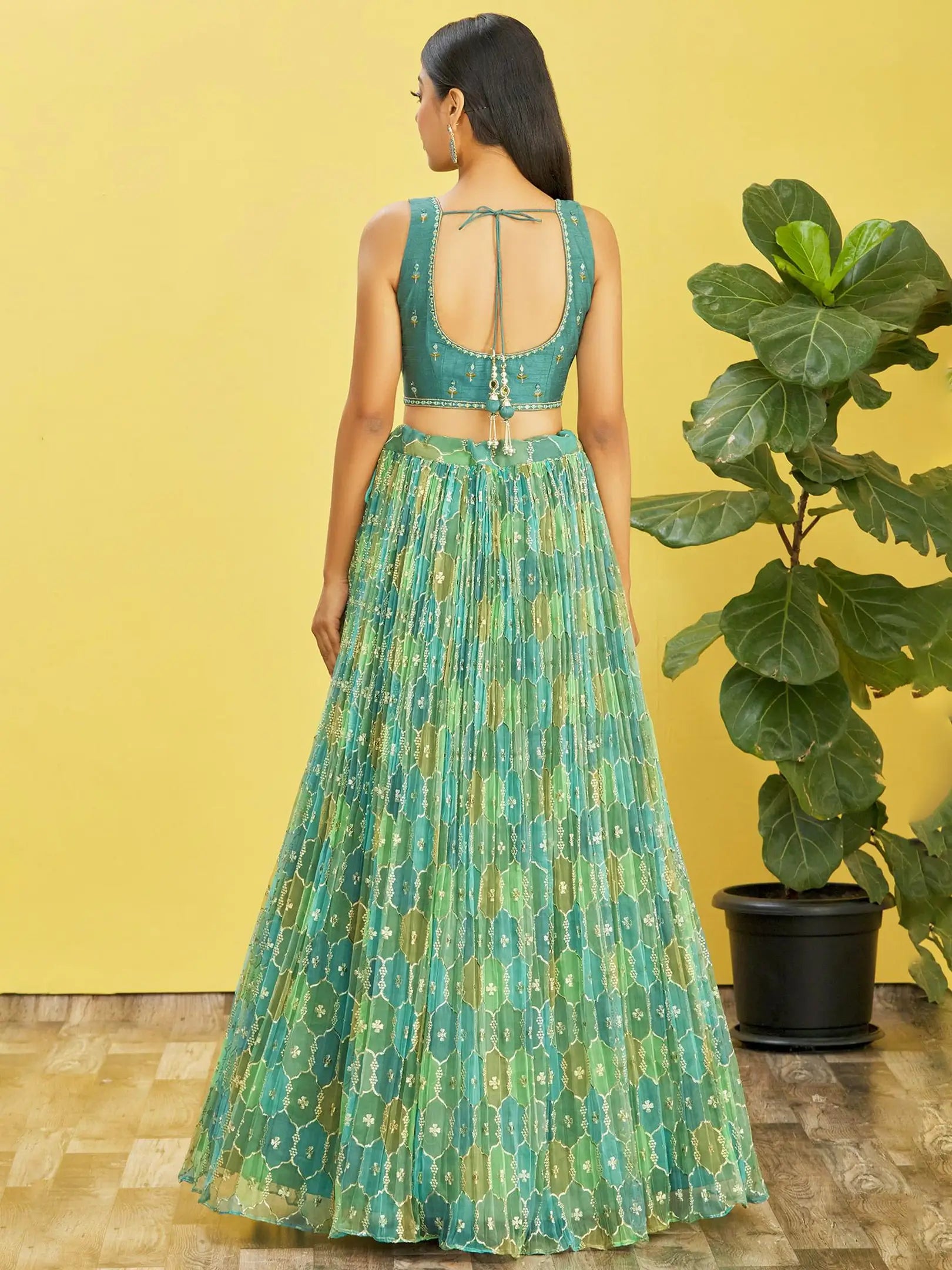 Pistachio Green Mirror Work Lehenga Choli with Net Dupatta - qivii