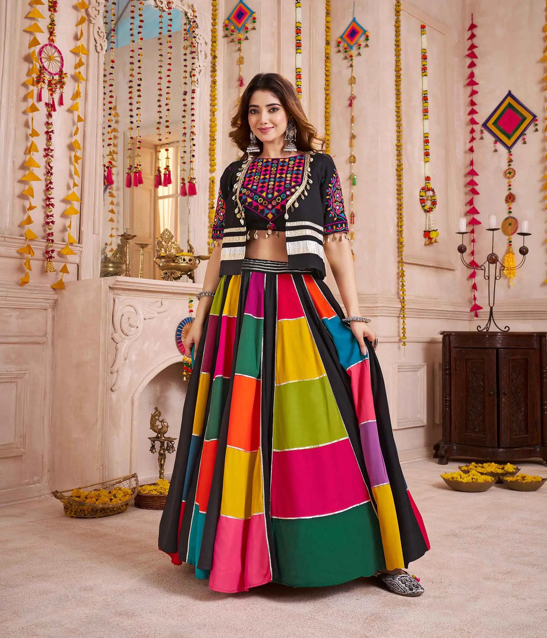Black Multi Color Patch Work Lehenga With Thread Mirror Kodi Work Jacket