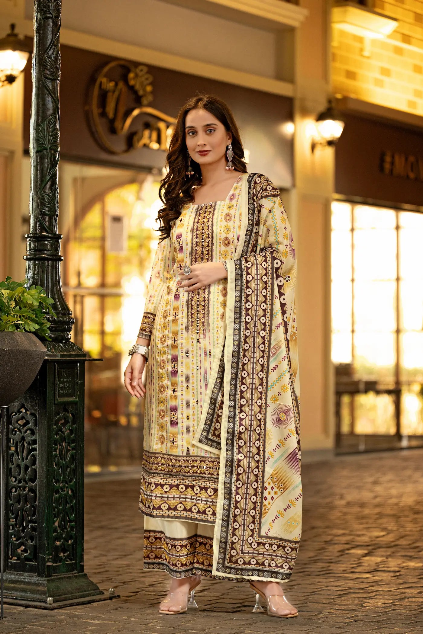 Beige Chinon Handwork & Printed Salwar Suit - qivii