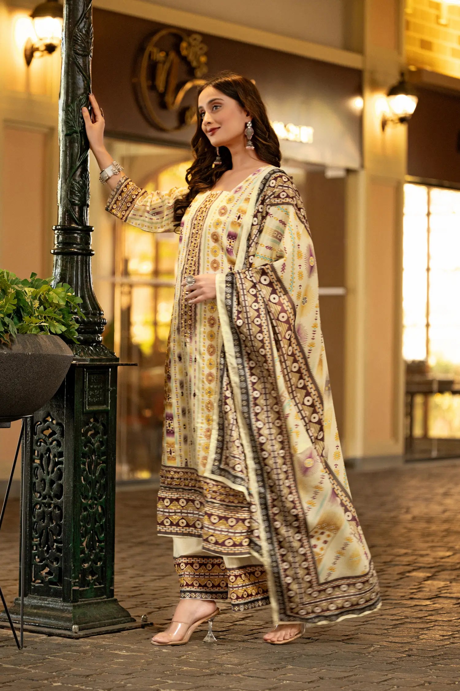 Beige Chinon Handwork & Printed Salwar Suit - qivii
