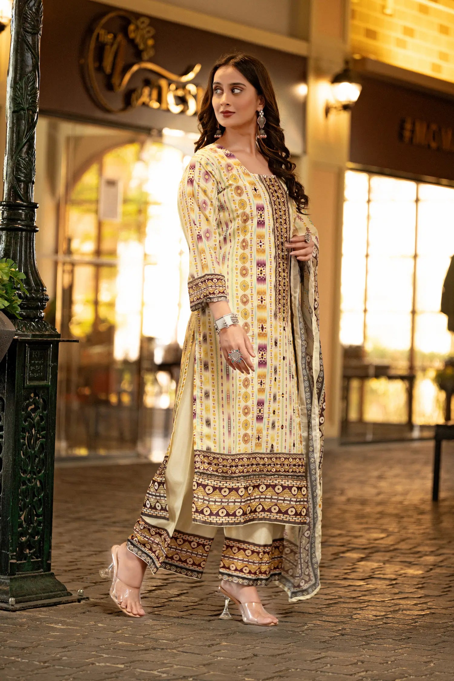 Beige Chinon Handwork & Printed Salwar Suit - qivii