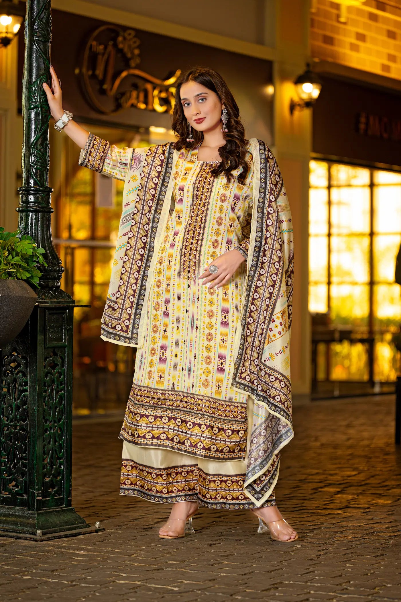 Beige Chinon Handwork & Printed Salwar Suit - qivii