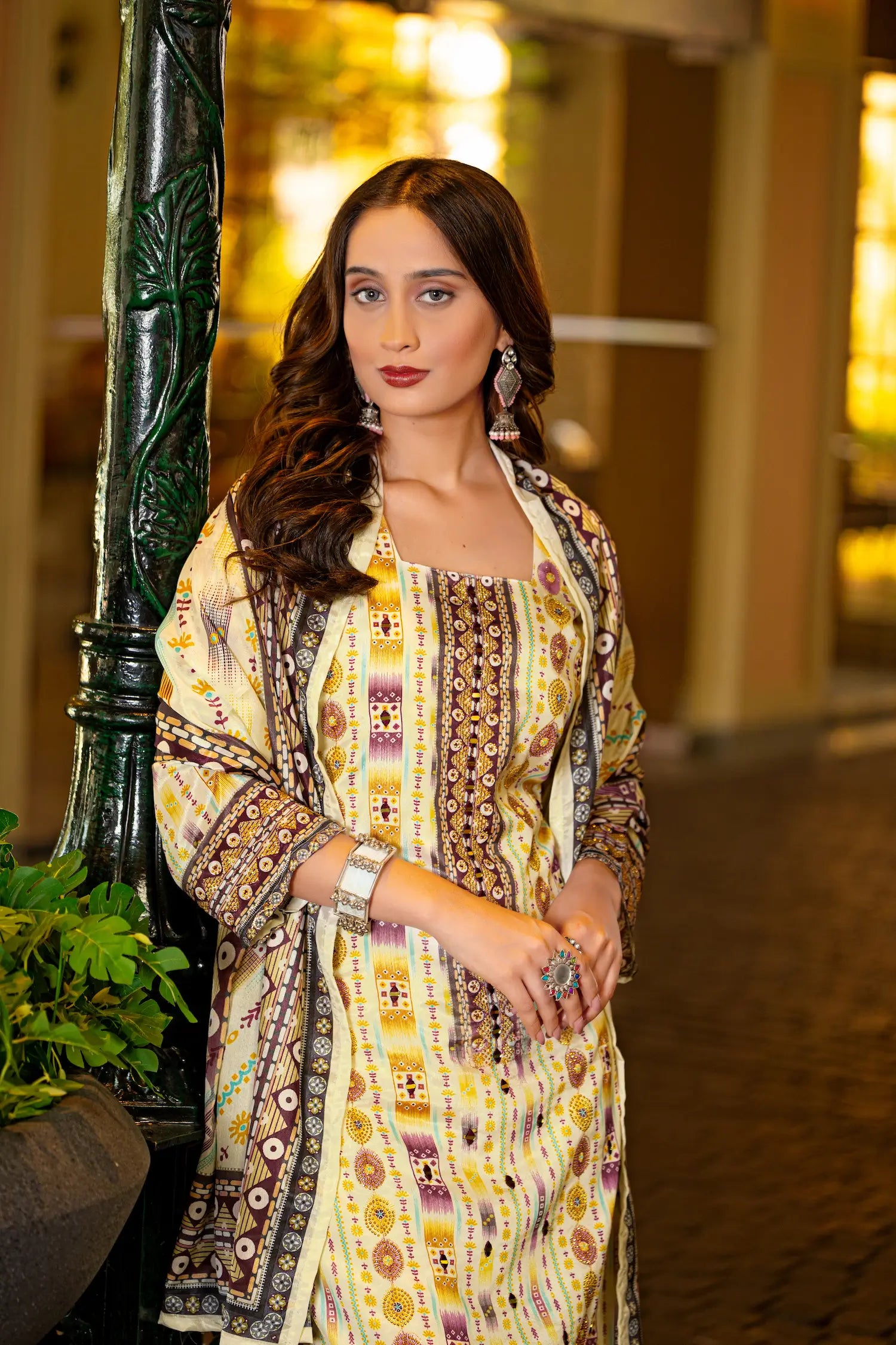 Beige Chinon Handwork & Printed Salwar Suit