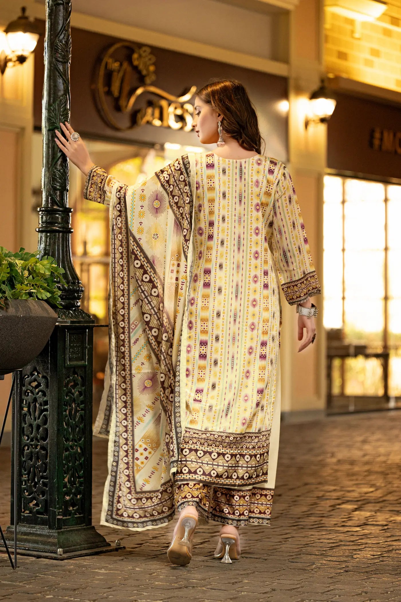 Beige Chinon Handwork & Printed Salwar Suit - qivii