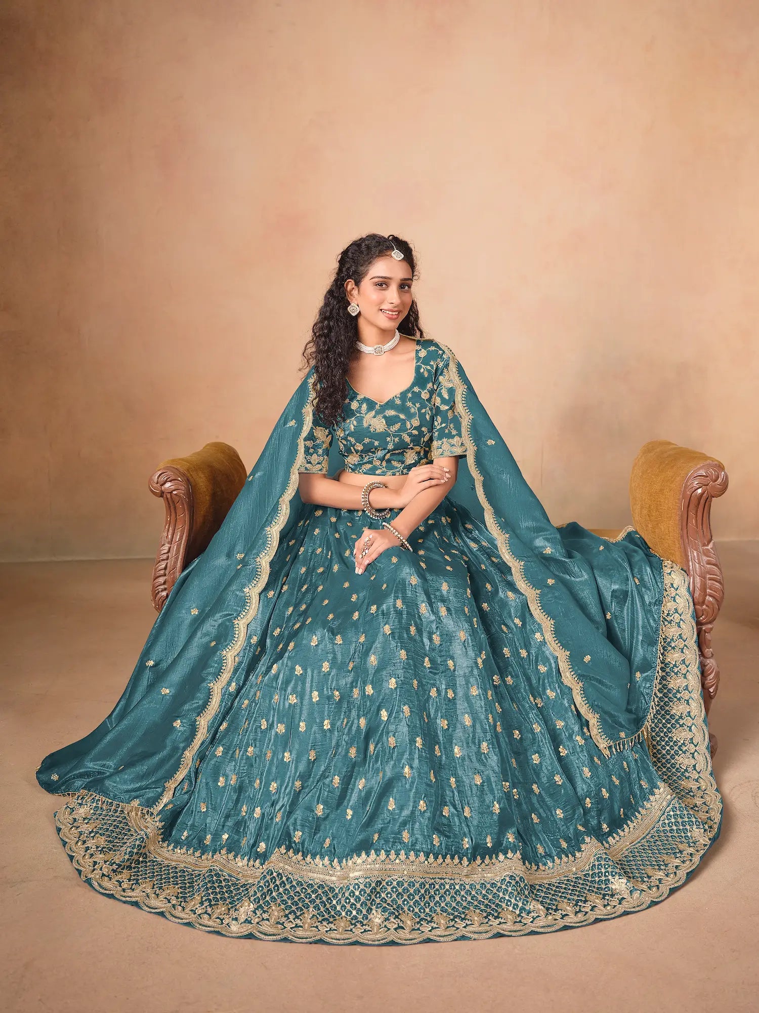 Teal Blue Organza Embroidery Work Lehenga Choli - qivii