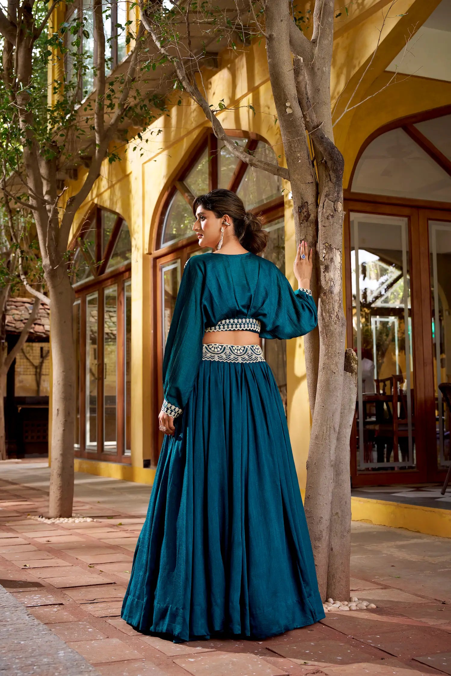 Dark Teal Vichitra Silk Embroidery Crop Top Lehenga