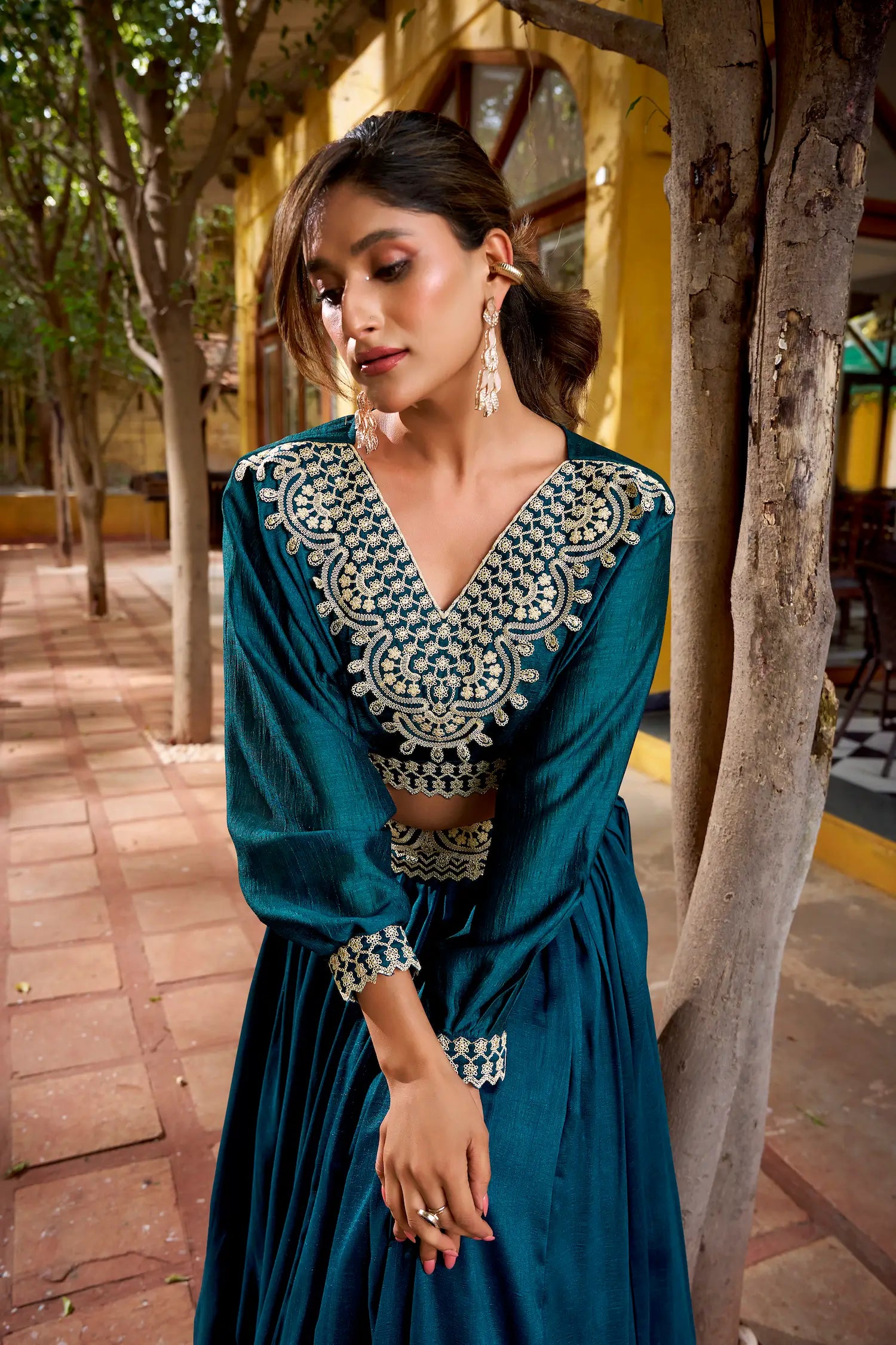 Dark Teal Vichitra Silk Embroidery Crop Top Lehenga