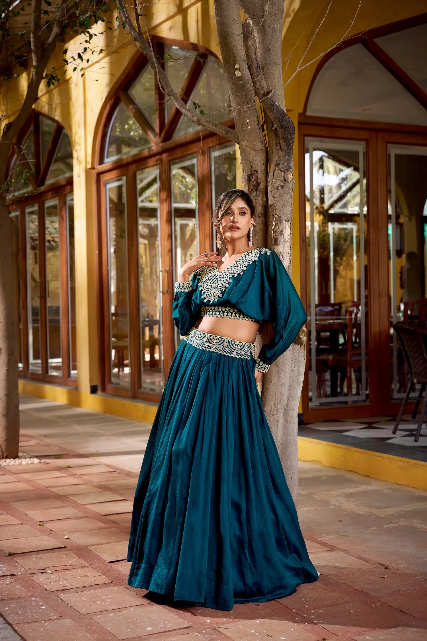 Dark Teal Vichitra Silk Embroidery Crop Top Lehenga