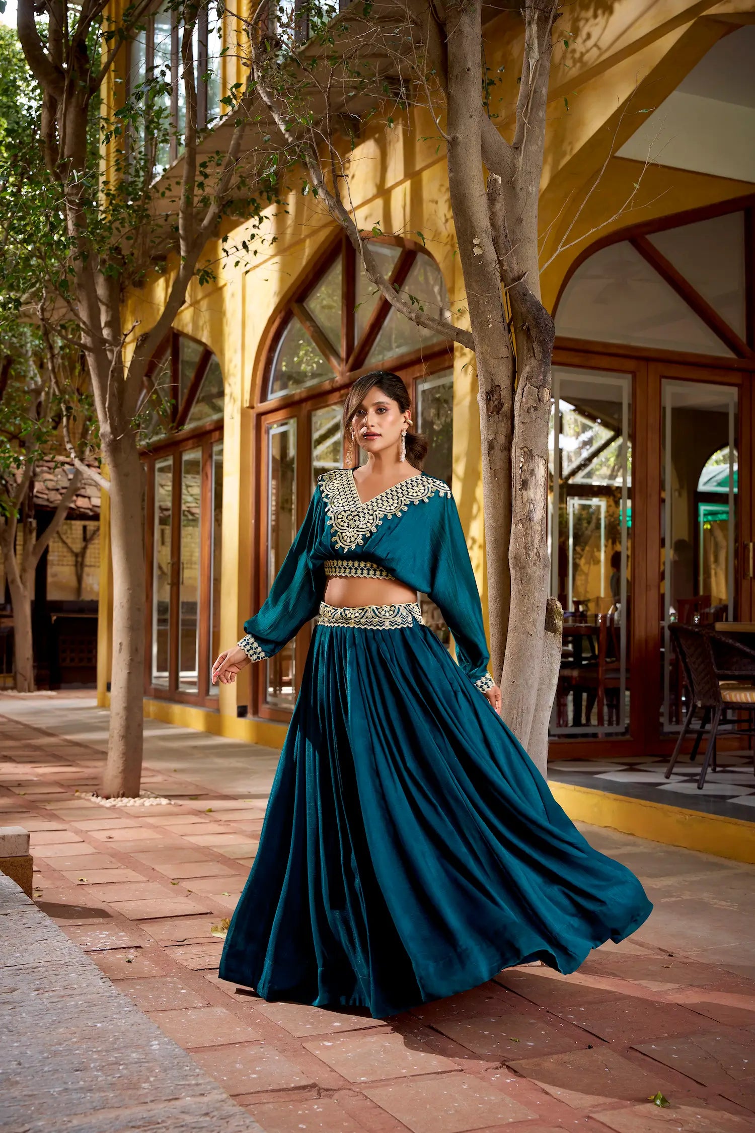 Dark Teal Vichitra Silk Embroidery Crop Top Lehenga