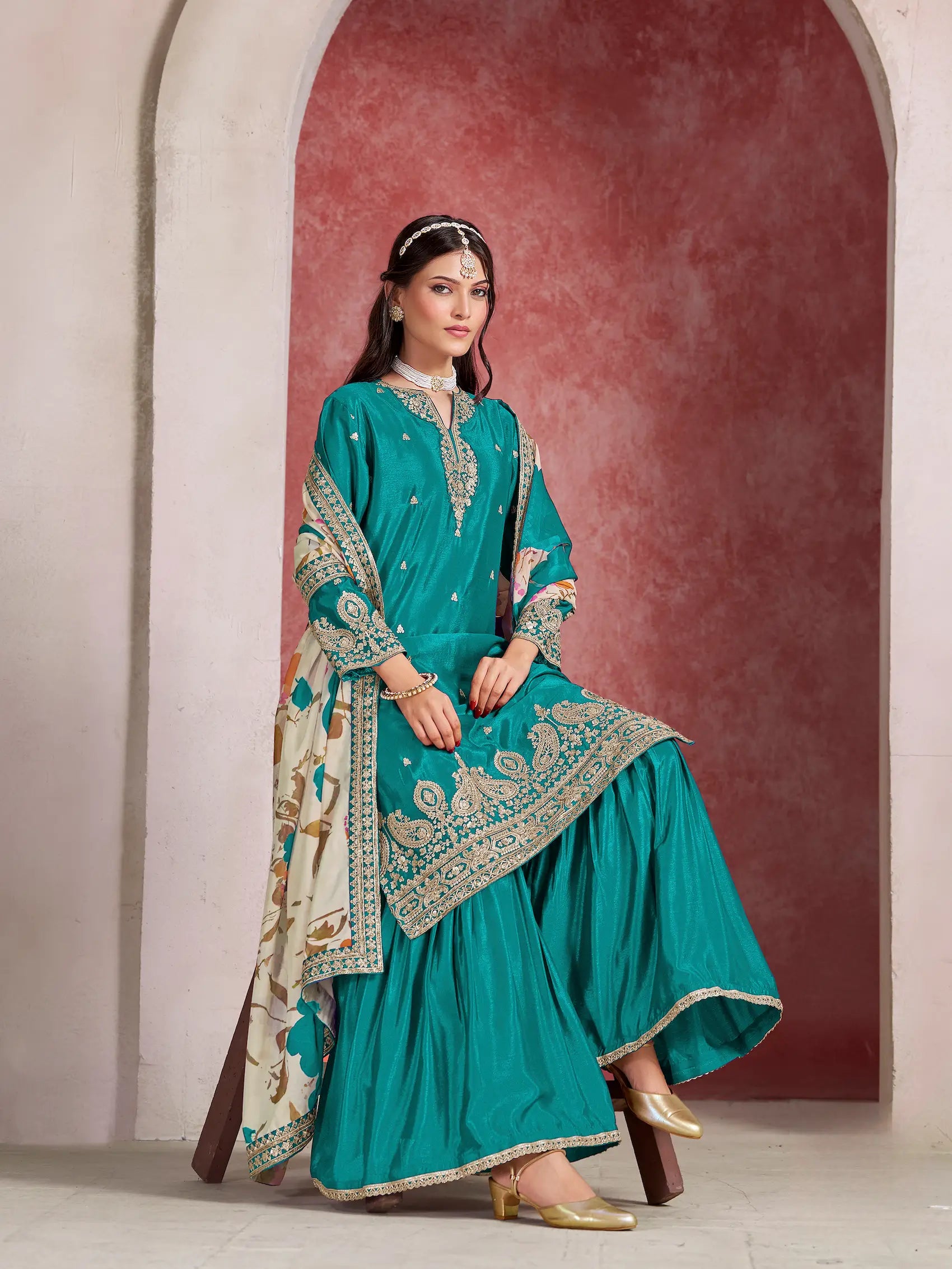 Teal Blue Chinon Embroidery Salwar suit With Organza Dupatta - qivii