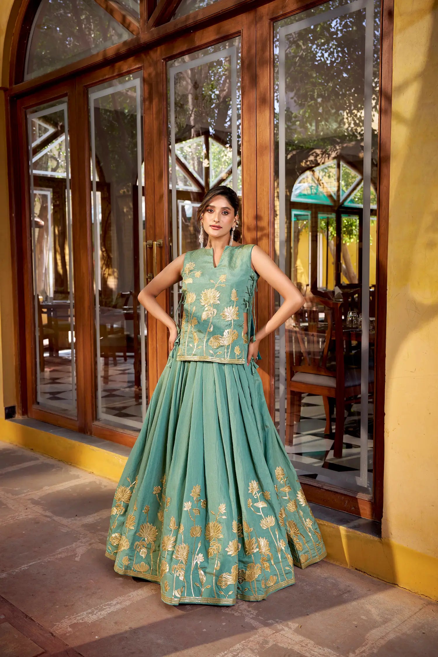 Sea Blue Embroidered Indo Western Set