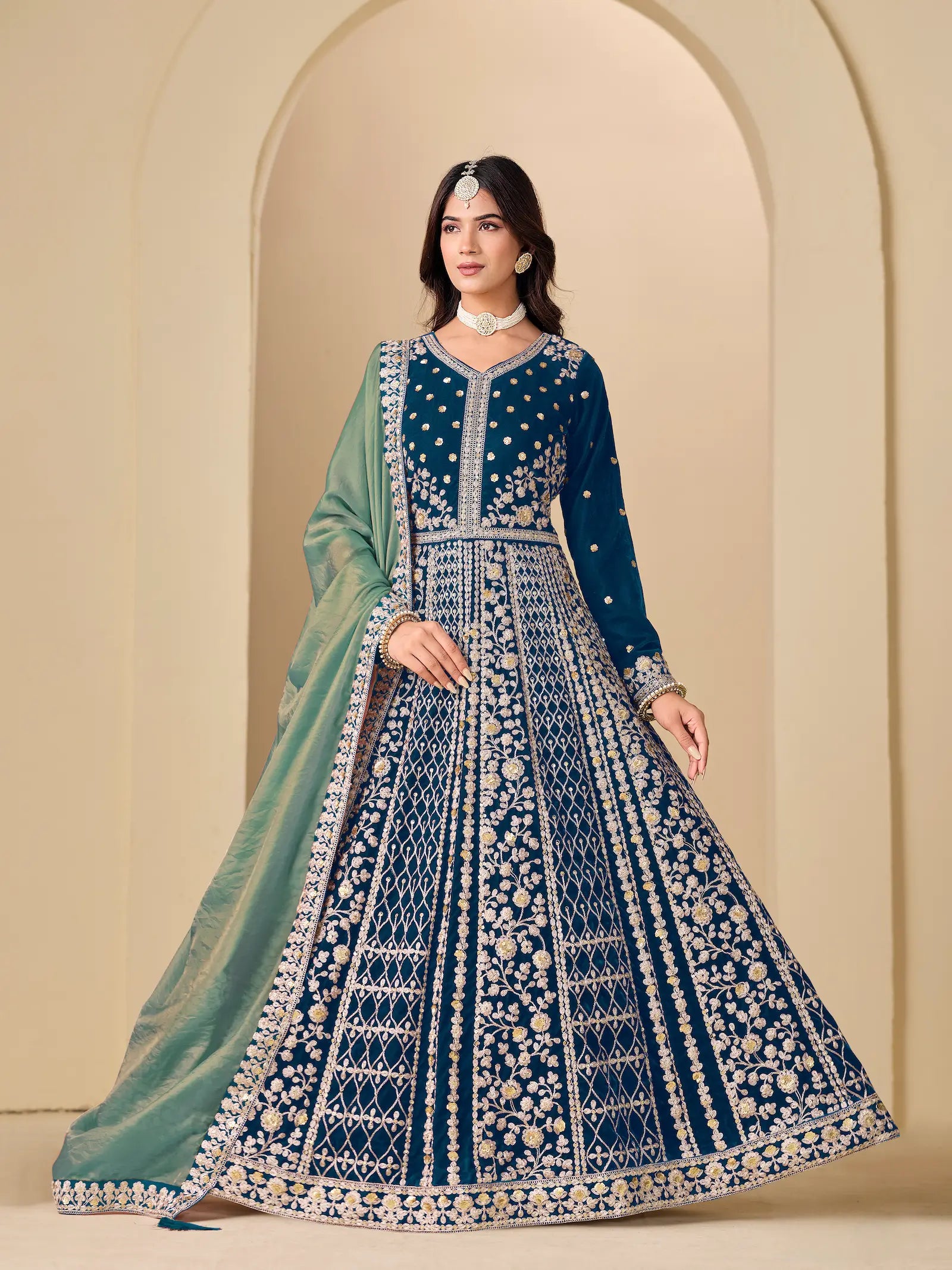 Teal Blue Velvet Heavy Embroidered Gown