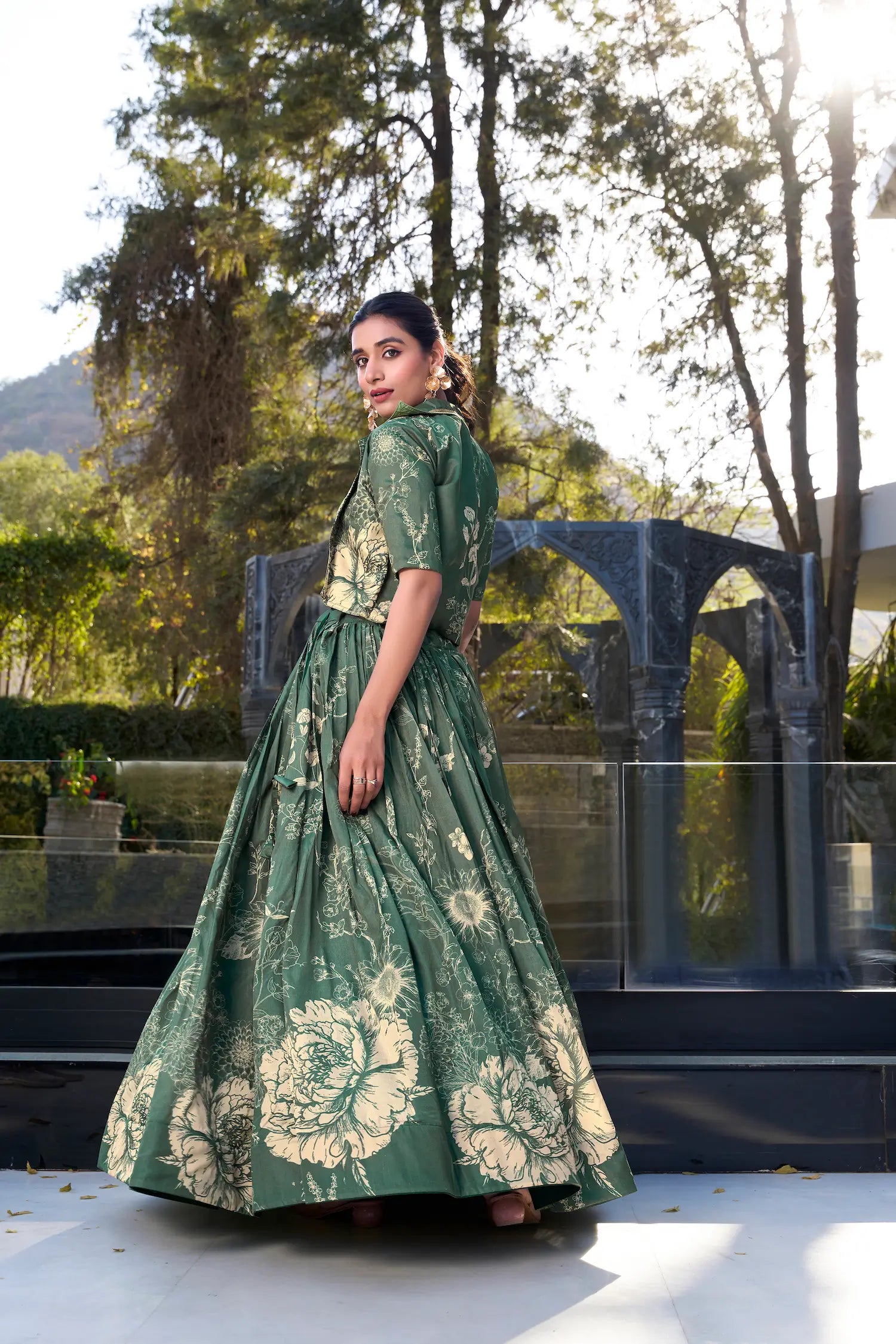 Dusty Green Tussar Silk Floral Printed Indo Western Set - qivii