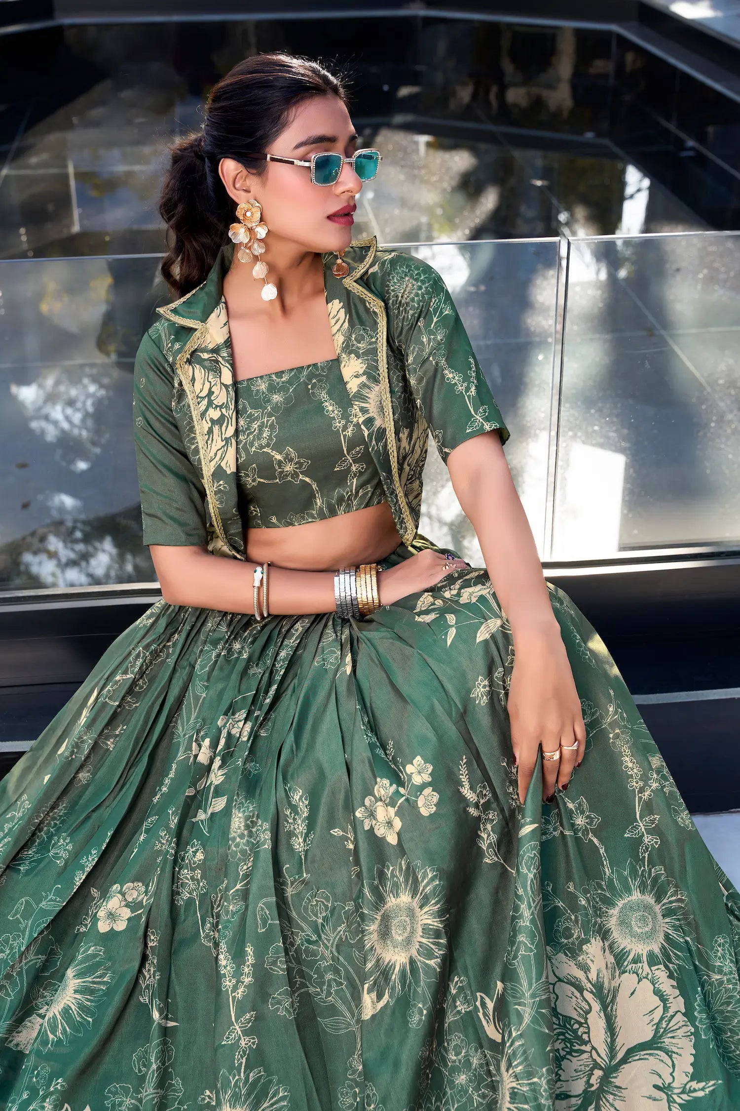 Dusty Green Tussar Silk Floral Printed Indo Western Set