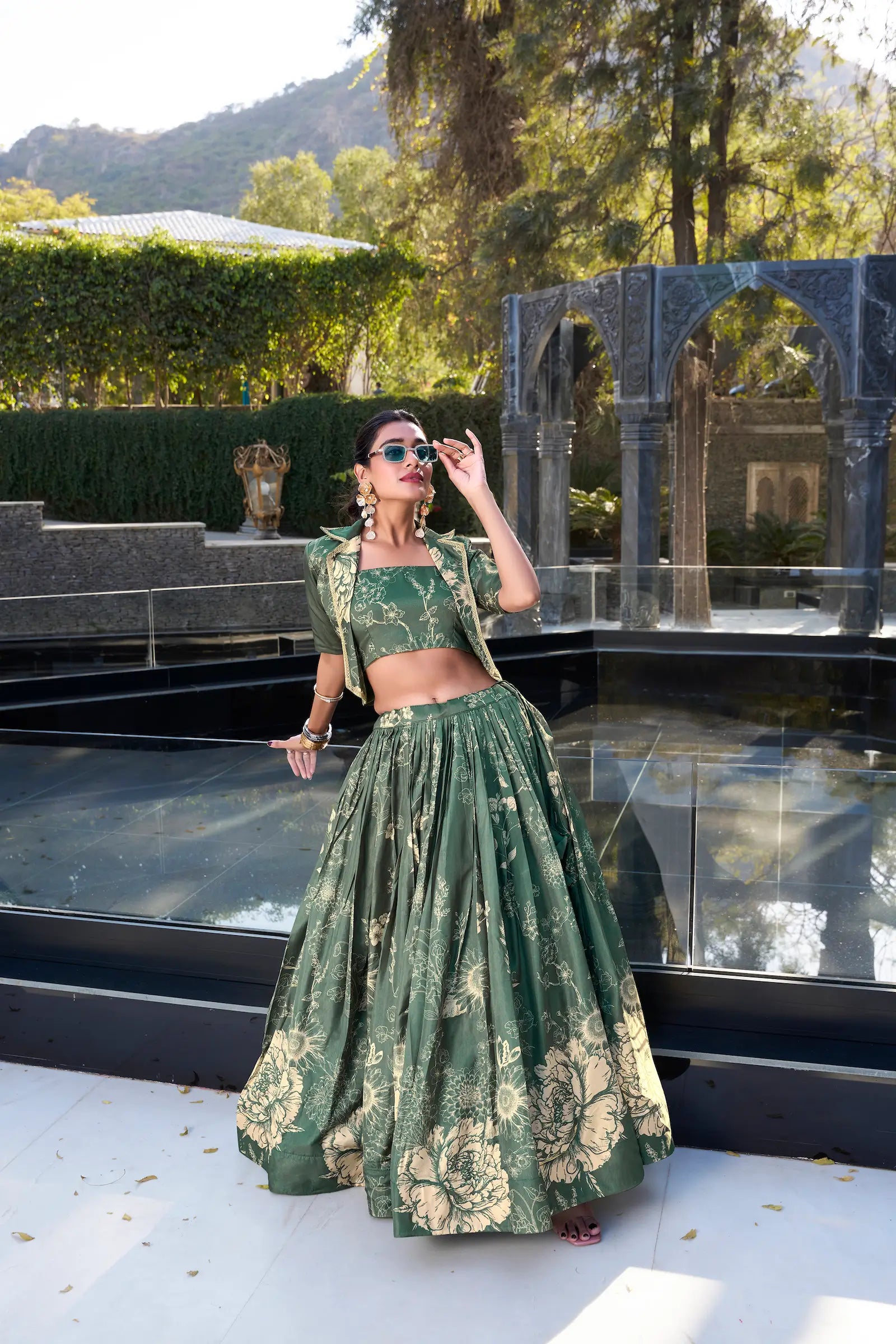Dusty Green Tussar Silk Floral Printed Indo Western Set