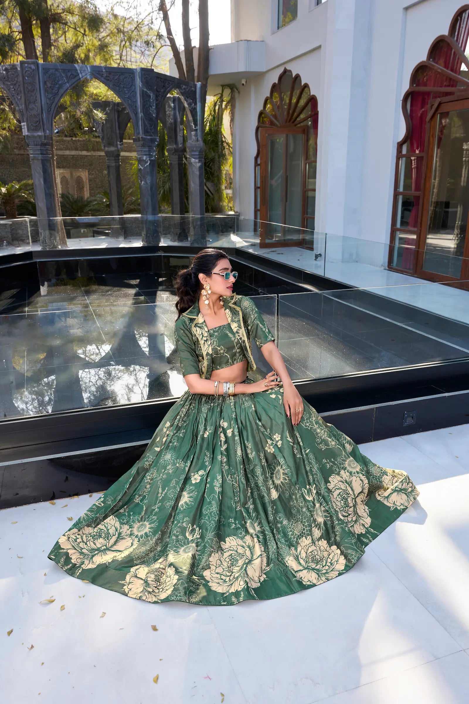 Dusty Green Tussar Silk Floral Printed Indo Western Set