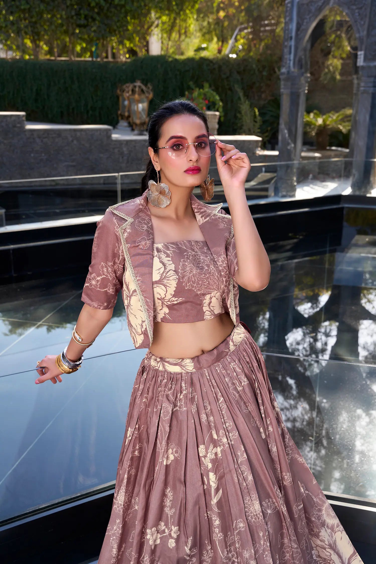 Onion Pink Tussar Silk Floral Printed Indo Western Set
